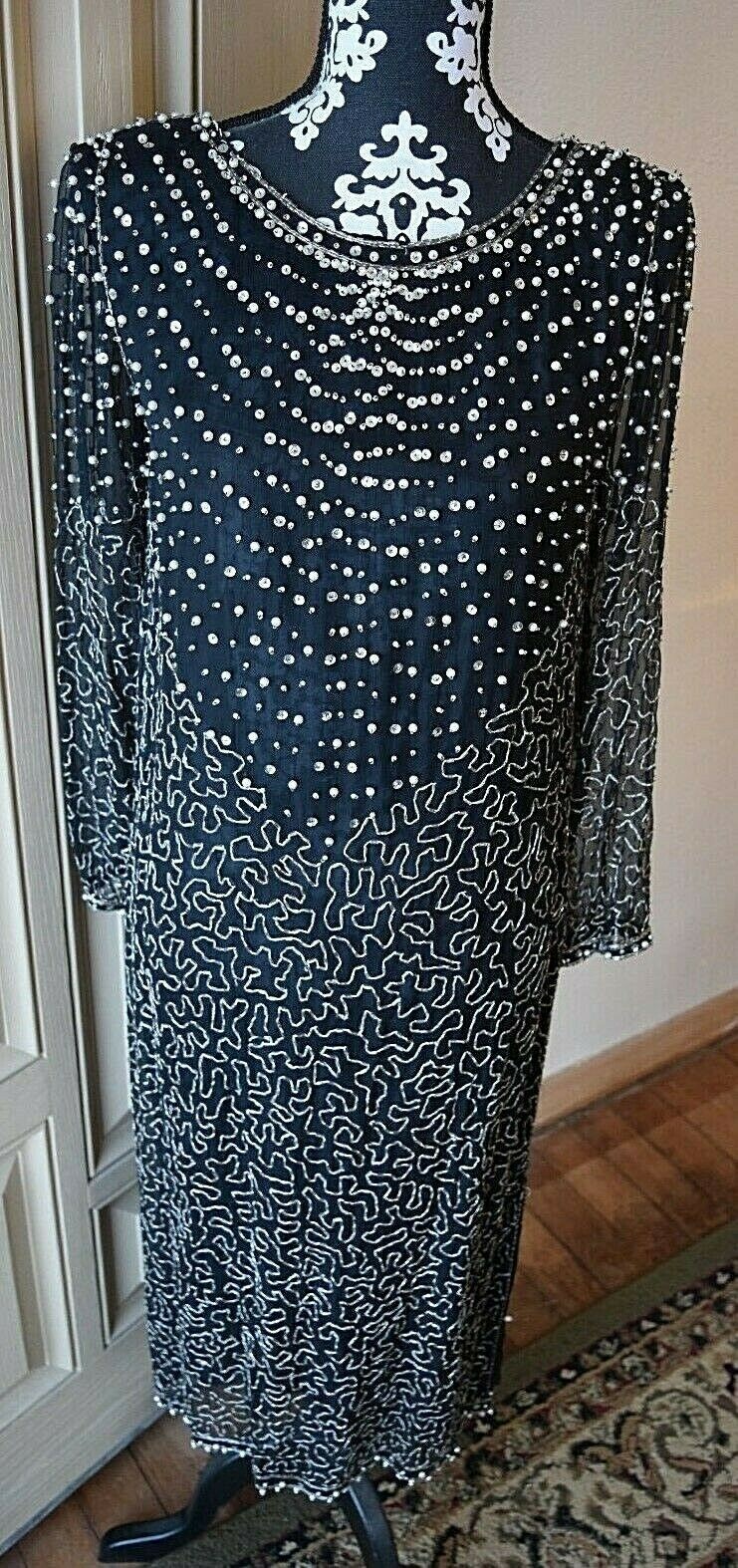 Vintage Jasmine By KVM Black Dress Size Small 100% Silk Beaded Great Gatsby