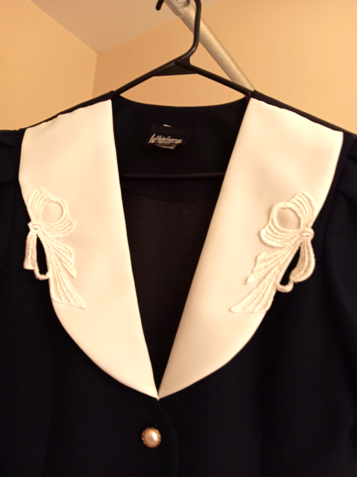 Whirlaway Frocks Vtg. 80’s Dress Sz 12 Navy Blue W/White Lace Collar & Pearl B