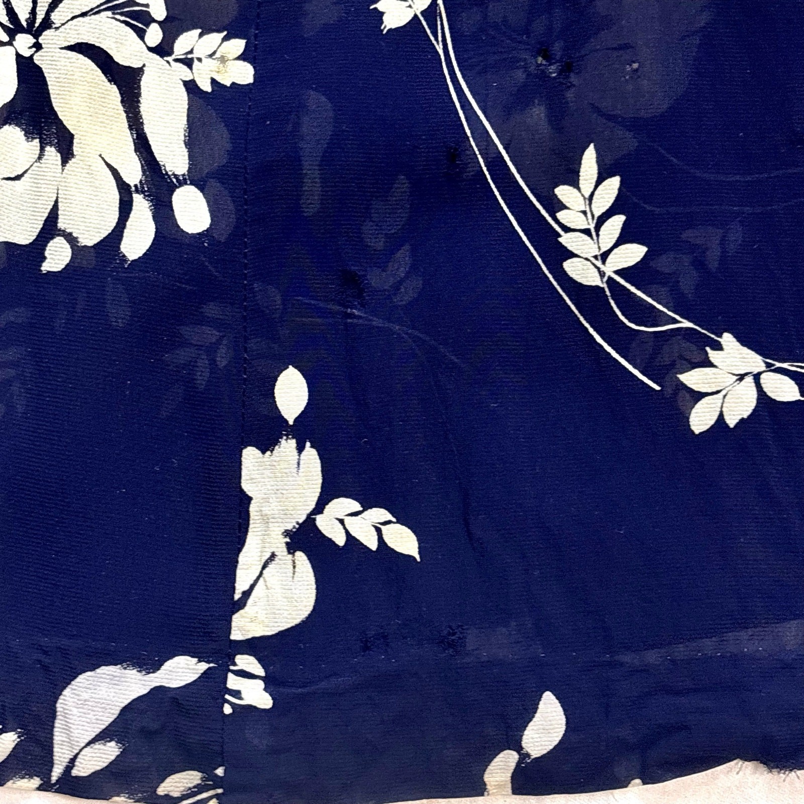 Vintage 1940s Silk Chiffon Shirtwaist Dress Navy Blue Tropical Floral Print