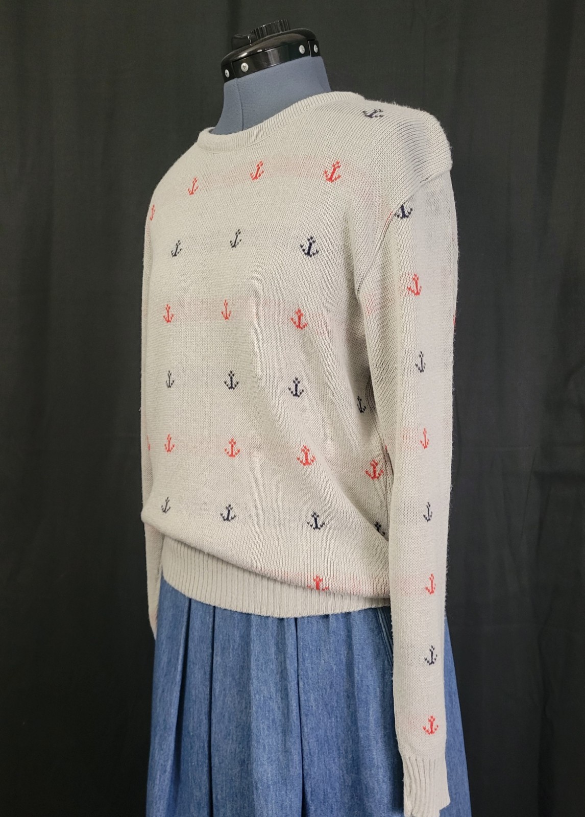 Vtg Jersild Grey Crew Neck Sweater w Blue & Red Boat Anchors Nautical Size Med