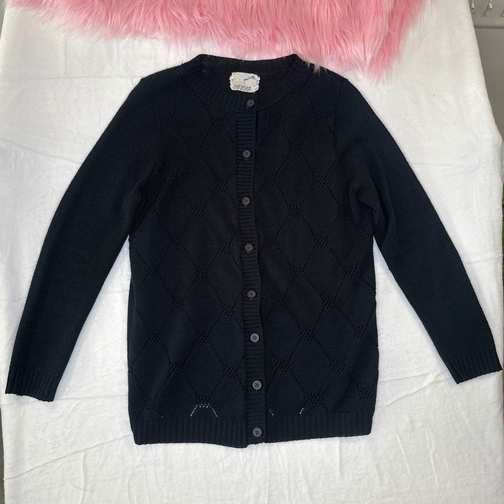 Vintage Goth Indie Black Pointelle Diamond Knit Cardigan Sweater USA Made MEDIUM