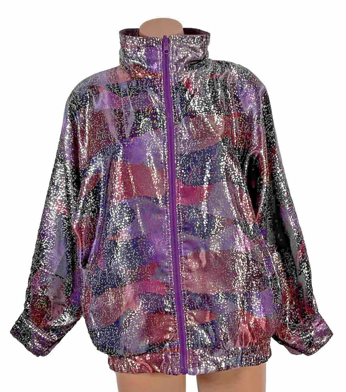 Vintage Rafael Satin Bomber Jacket Y2K Reversible Metallic Purple Animal Print S
