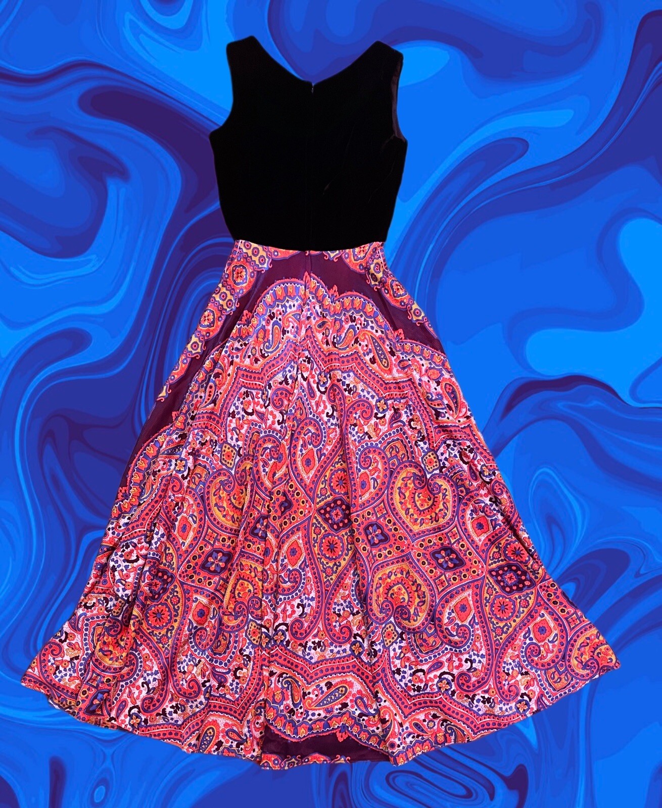 True Vintage 70s Maxi Dress Black Velvet Psychedelic Paisley Groovy XS Handmade