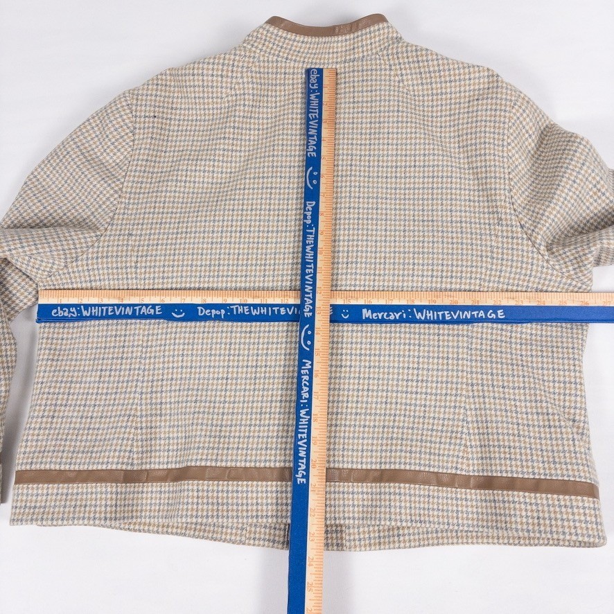 Pendleton Wool Jacket Womens Plus Tan Blue Houndstooth Leather Trim Vintage 80s