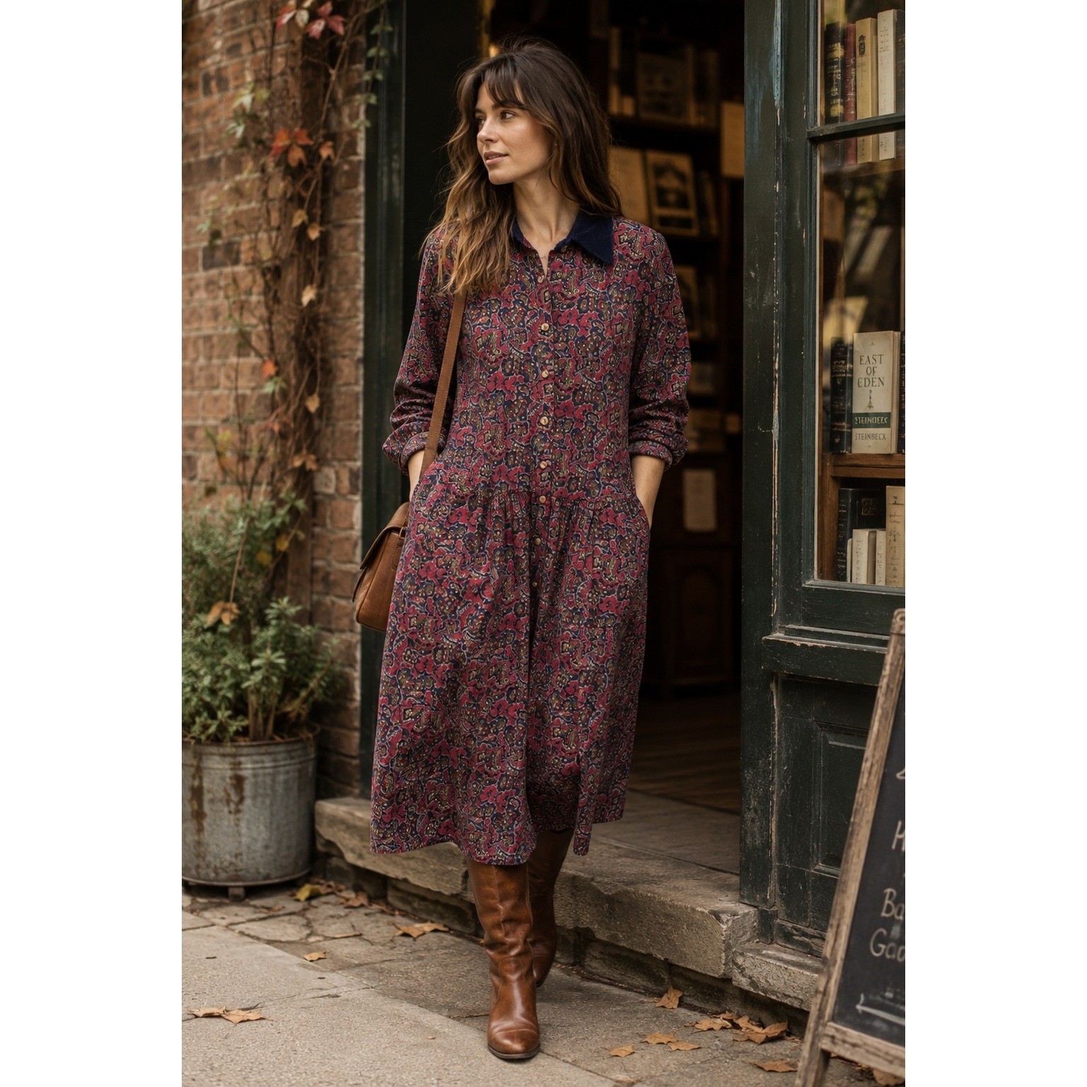 Vintage Eddie Bauer Paisley Midi Shirt Dress Corduroy Collar Cotton USA