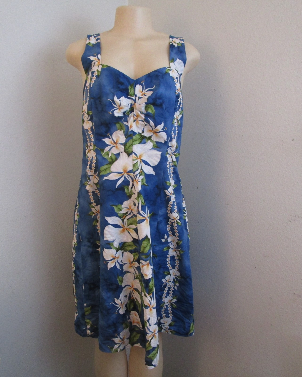 Vintage Jade Fashions 80’s Hawaiian Style Blue Floral Midi Dress Size L