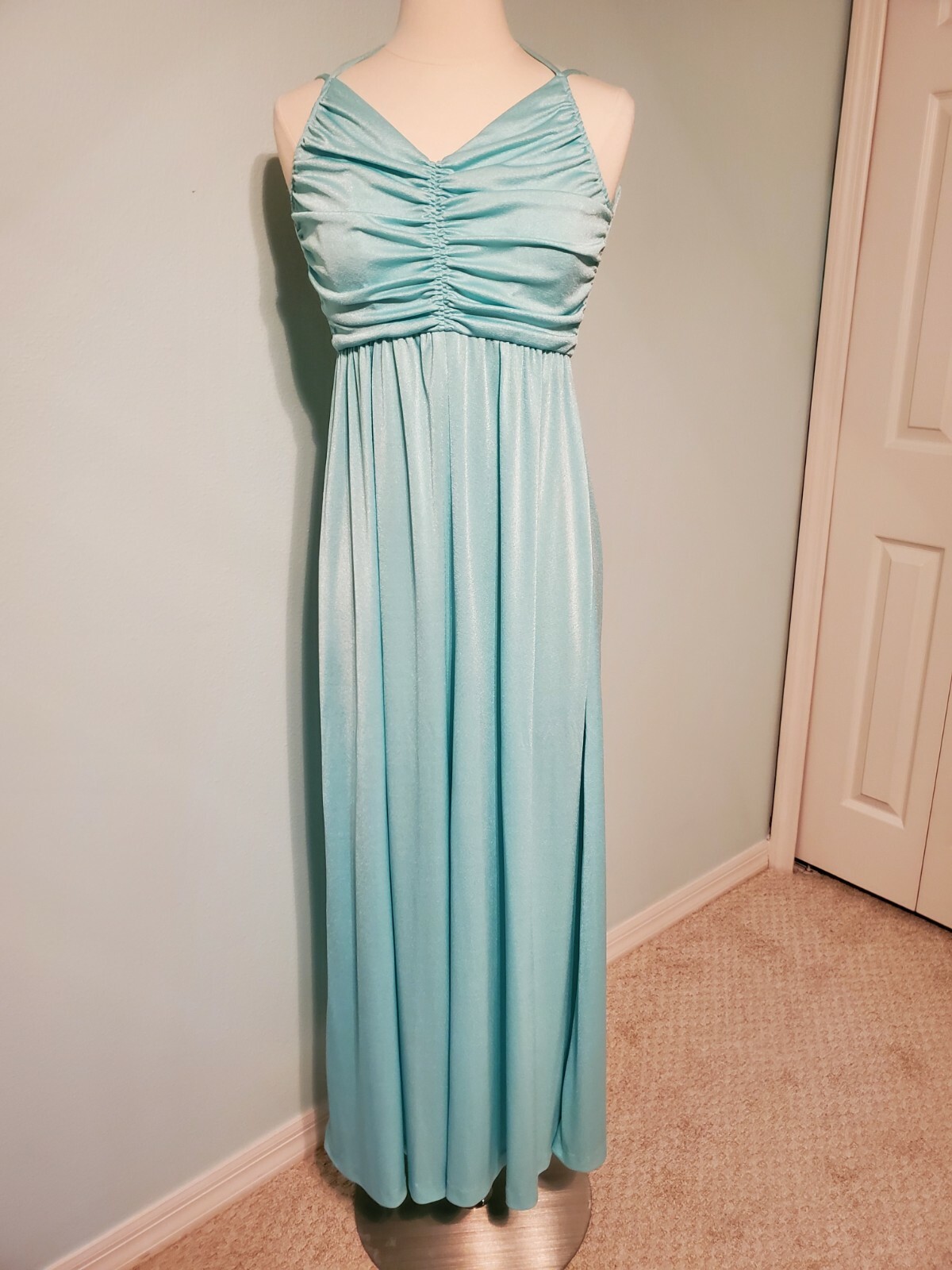 Vintage 1970s Dressy Creations Aqua Blue Maxi Bridesmaid Prom Dress with Caplet