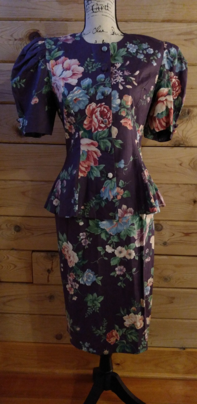 VTG 80s 90s Skirt Set Purple Peplum Floral 1940s Style Cottagecore Retro Size 8