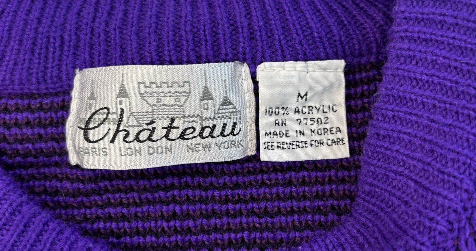 Vintage 80s Chateau Sweater M Purple Abstract Geometric Novelty Knit Colorblock