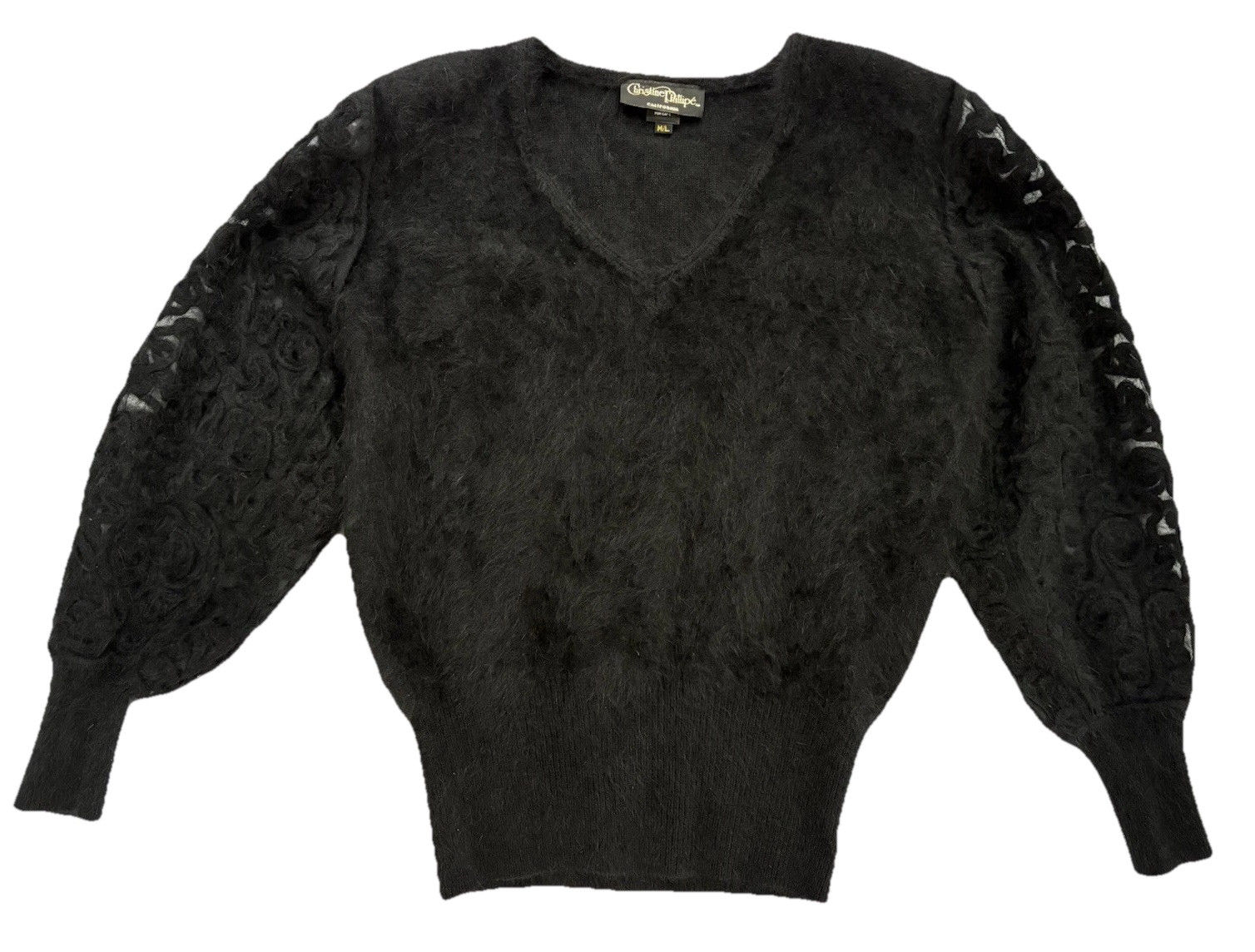 Christine Phillipe Vintage Angora Knit Sweater Black M/L Sheer Sleeves SO SOFT!