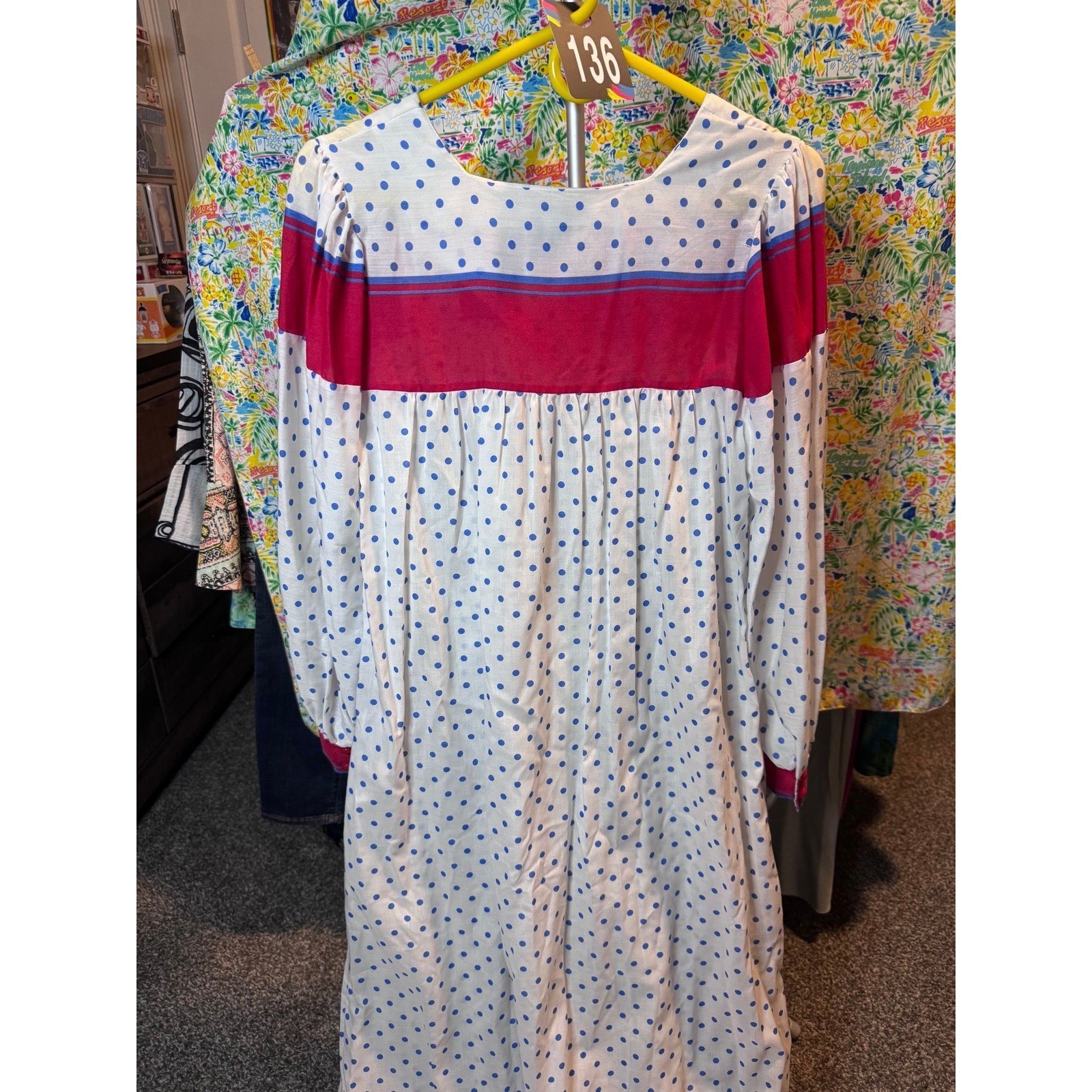 136 Christian Dior Vintage Polka Dot Maxi Nightgown Blue Pink White Pockets