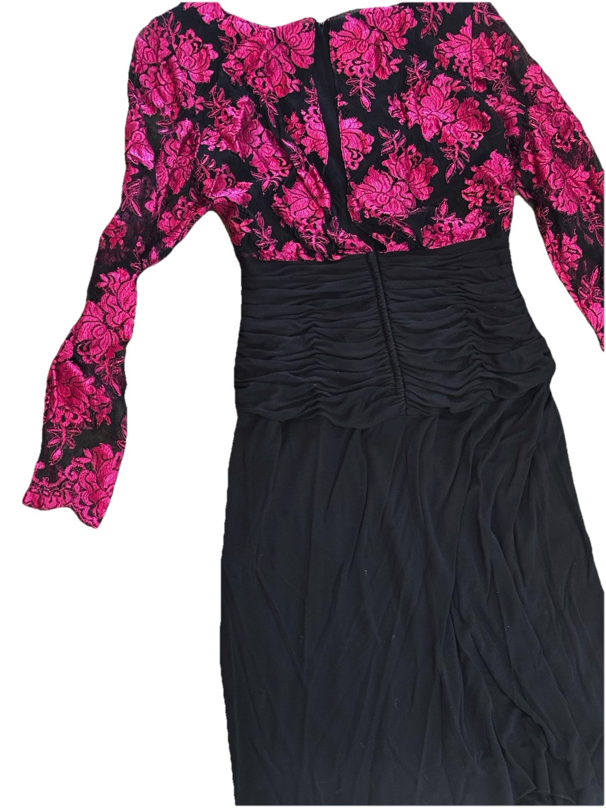 VTG Jill Richards French Lace Gown Dress Pink Midi Black 80s Ruched Size 6 8