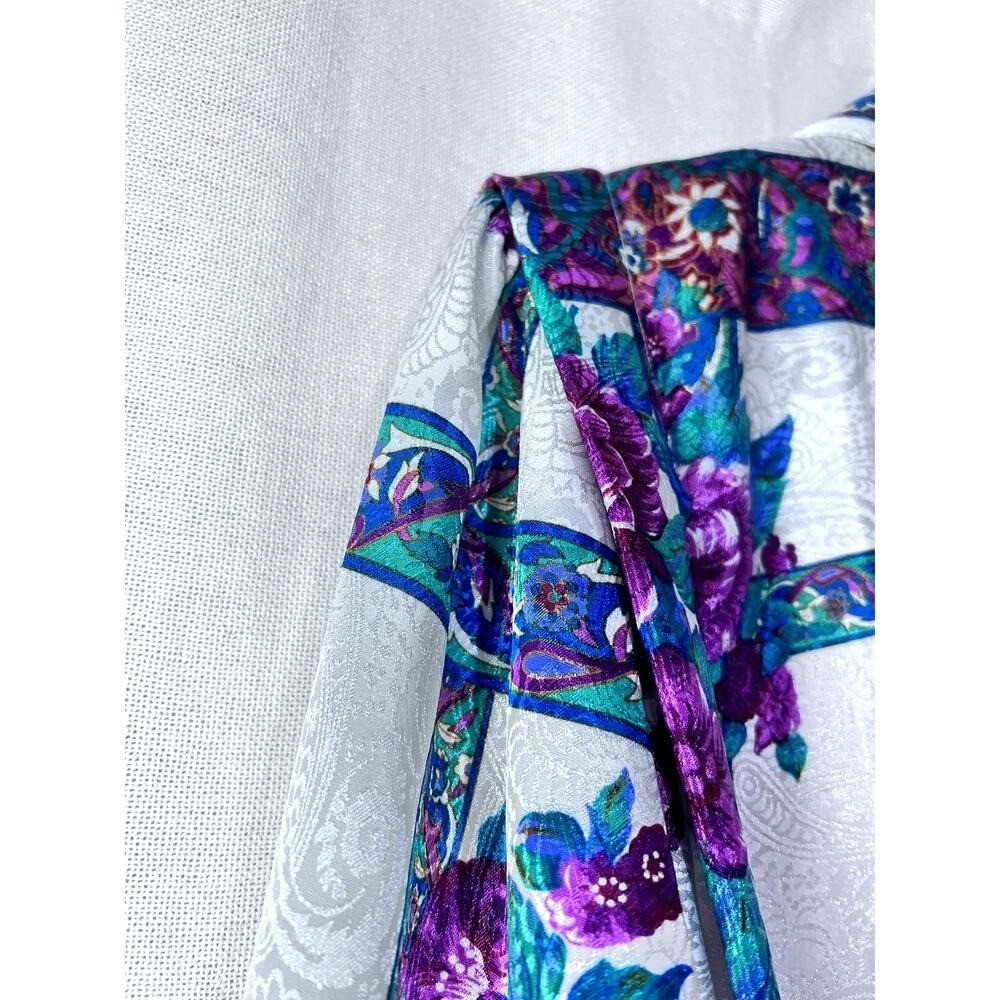 Vintage 80s Schrader Silver Purple Floral Satin Long Sleeve Midi Dress