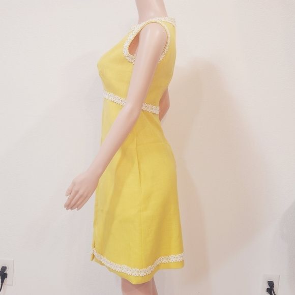 MOLLIE PARNIS BOUTIQUE Vtg 70s Yellow Linen Shift Daisy Dress