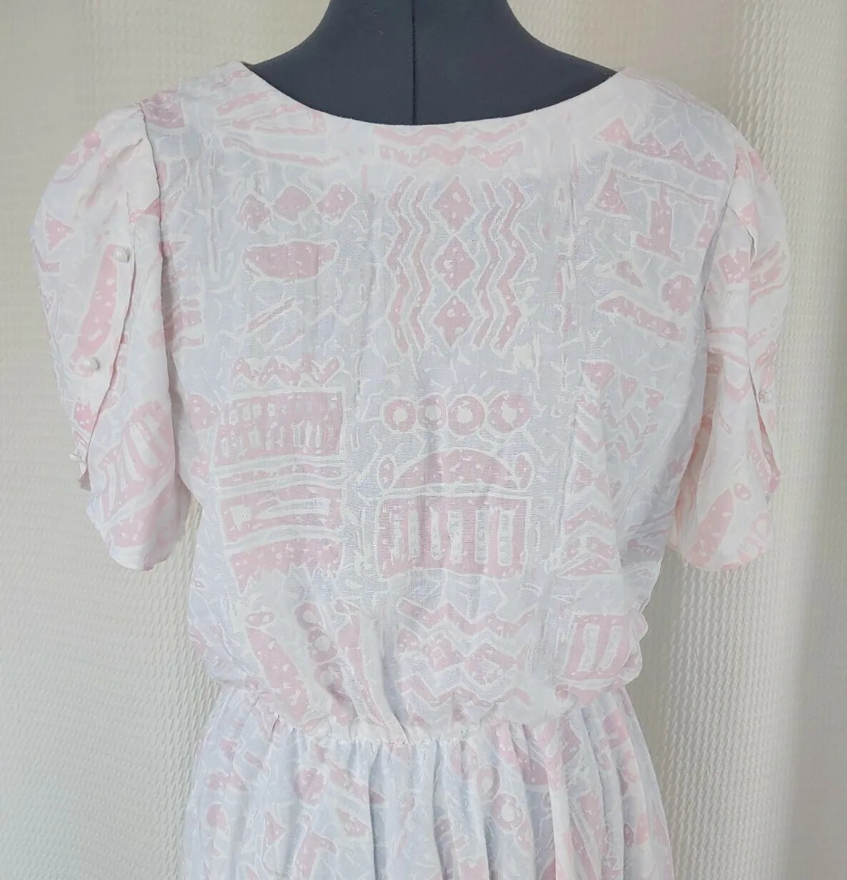 Vintage LA Gal Pink & White Abstract Printed Dress w Elastic Waist Size 16