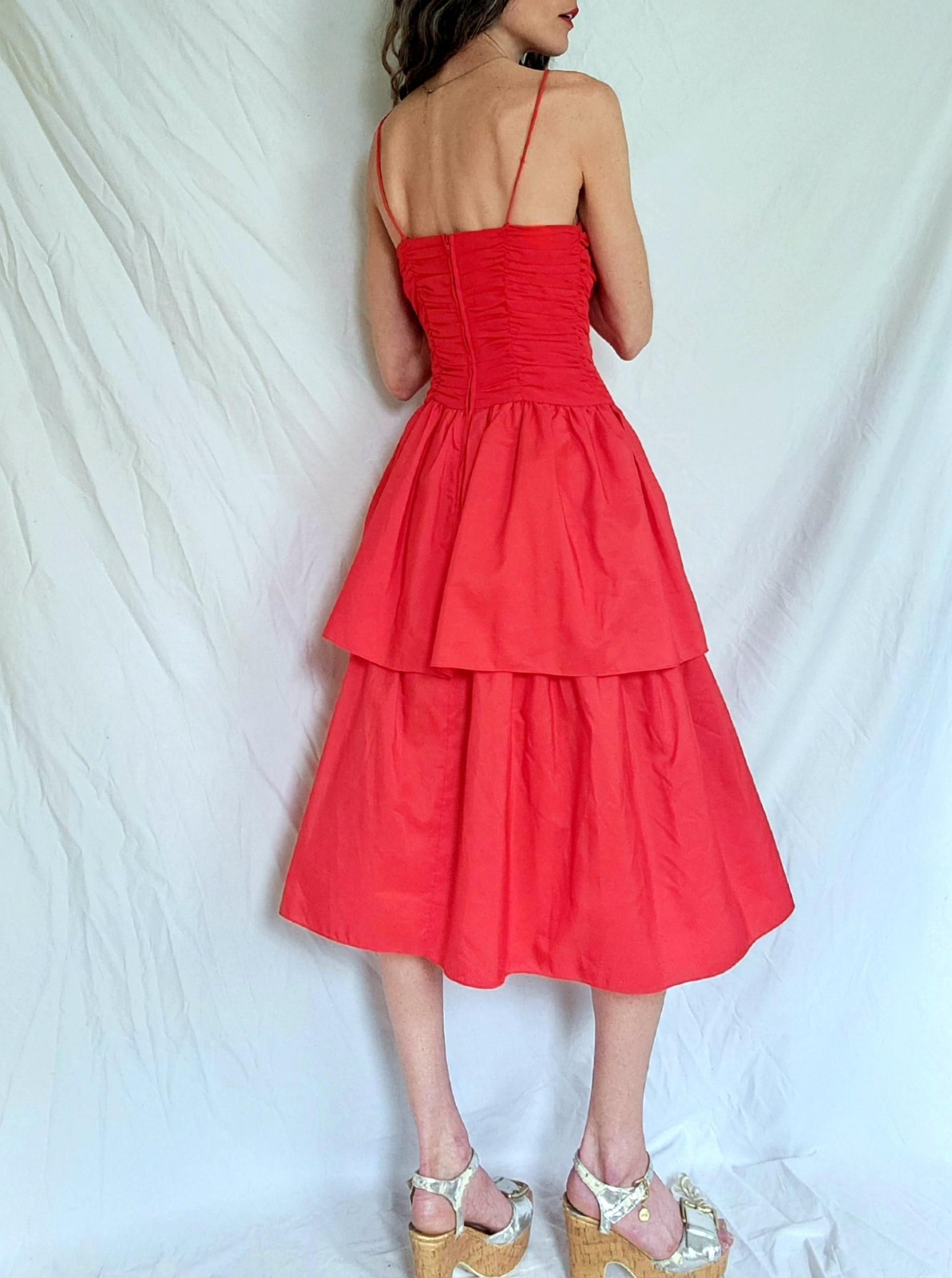1970s Vintage Ruched Red Party Dress: Joy Stevens, Women’s Small