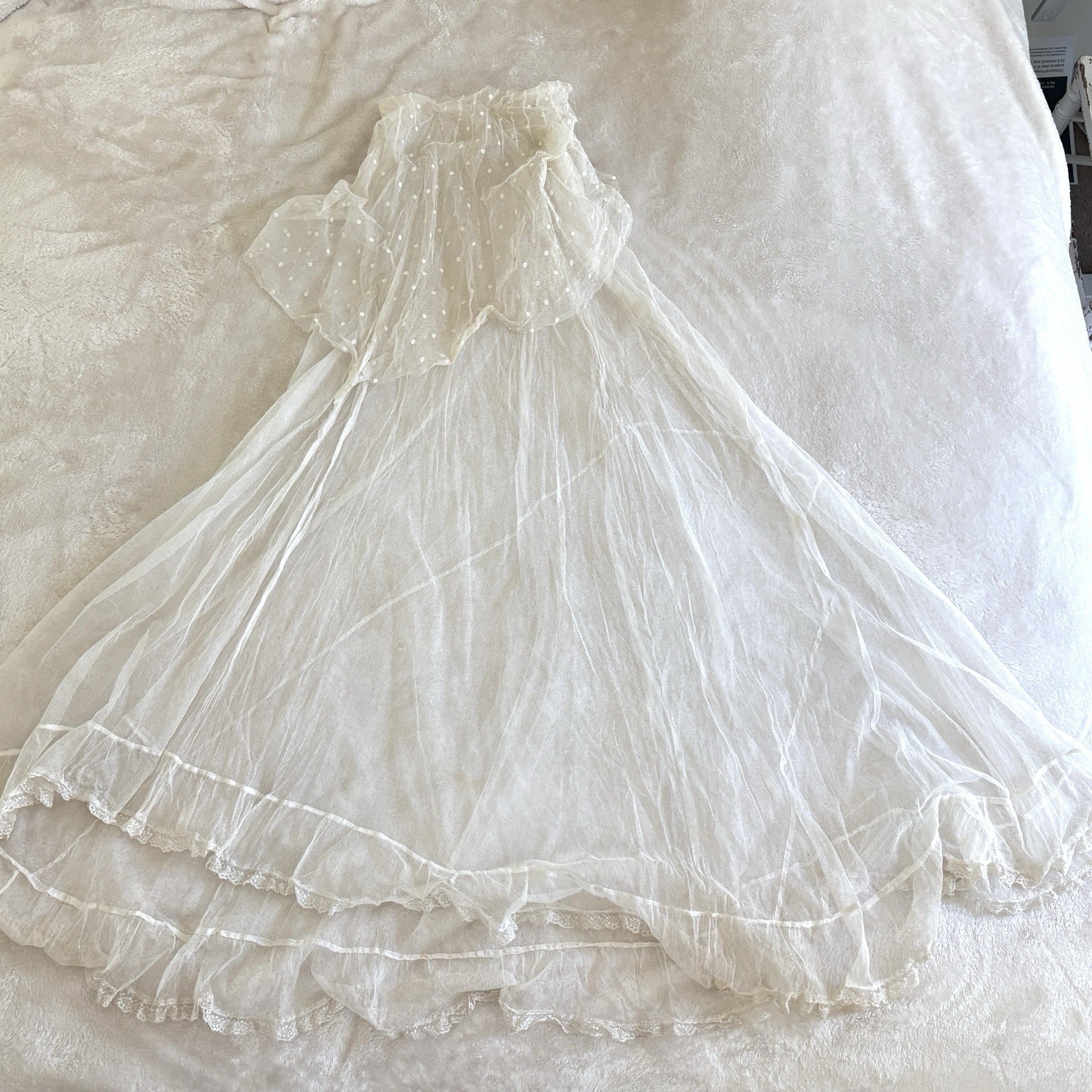 Antique VTG White Tulle Long Skirt 1890’s Full Bias Cut Lace Trim Hook and Eye