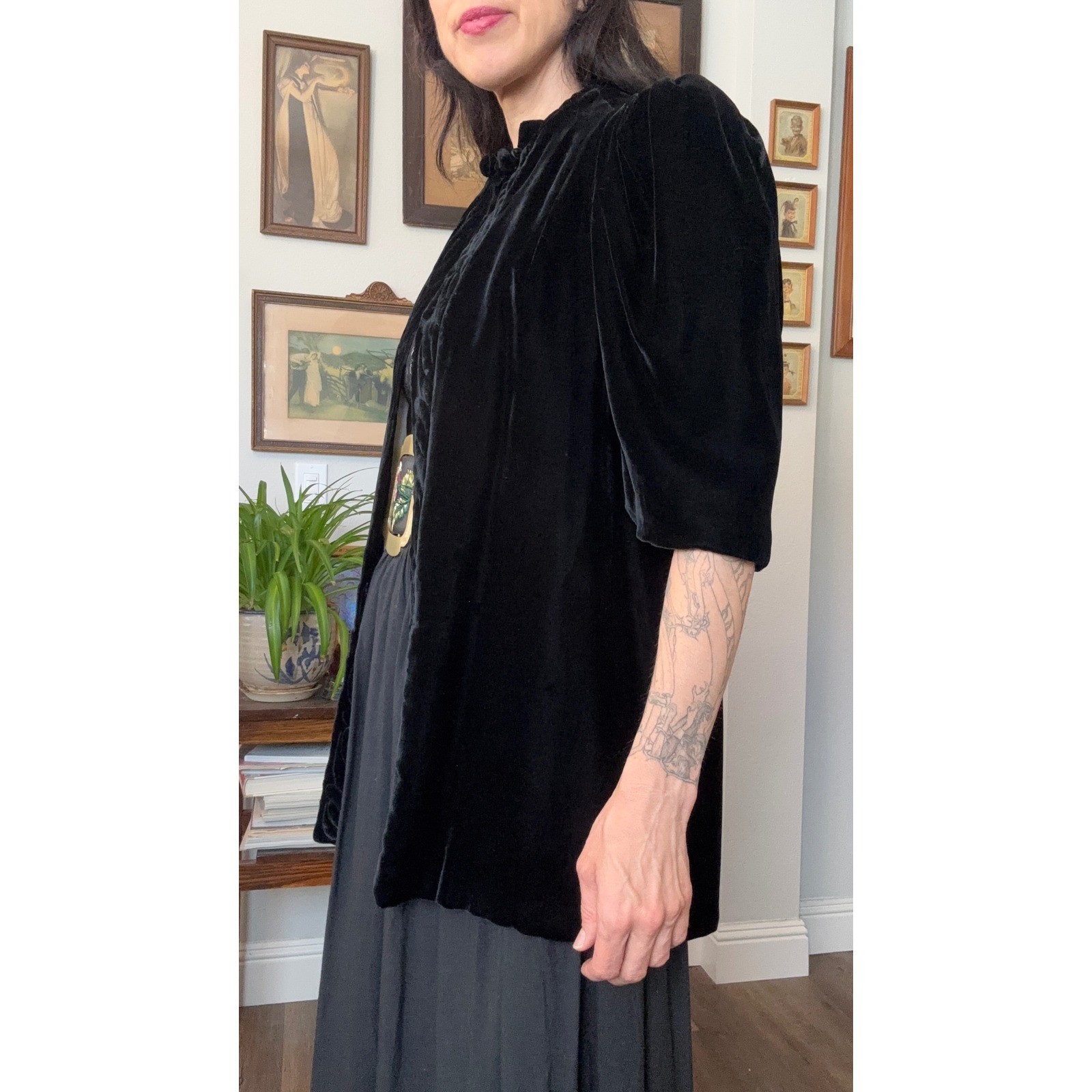 Vintage 30s 40s Black Silk Velvet Evening Jacket Puff Sleeve Trapunto Quilted