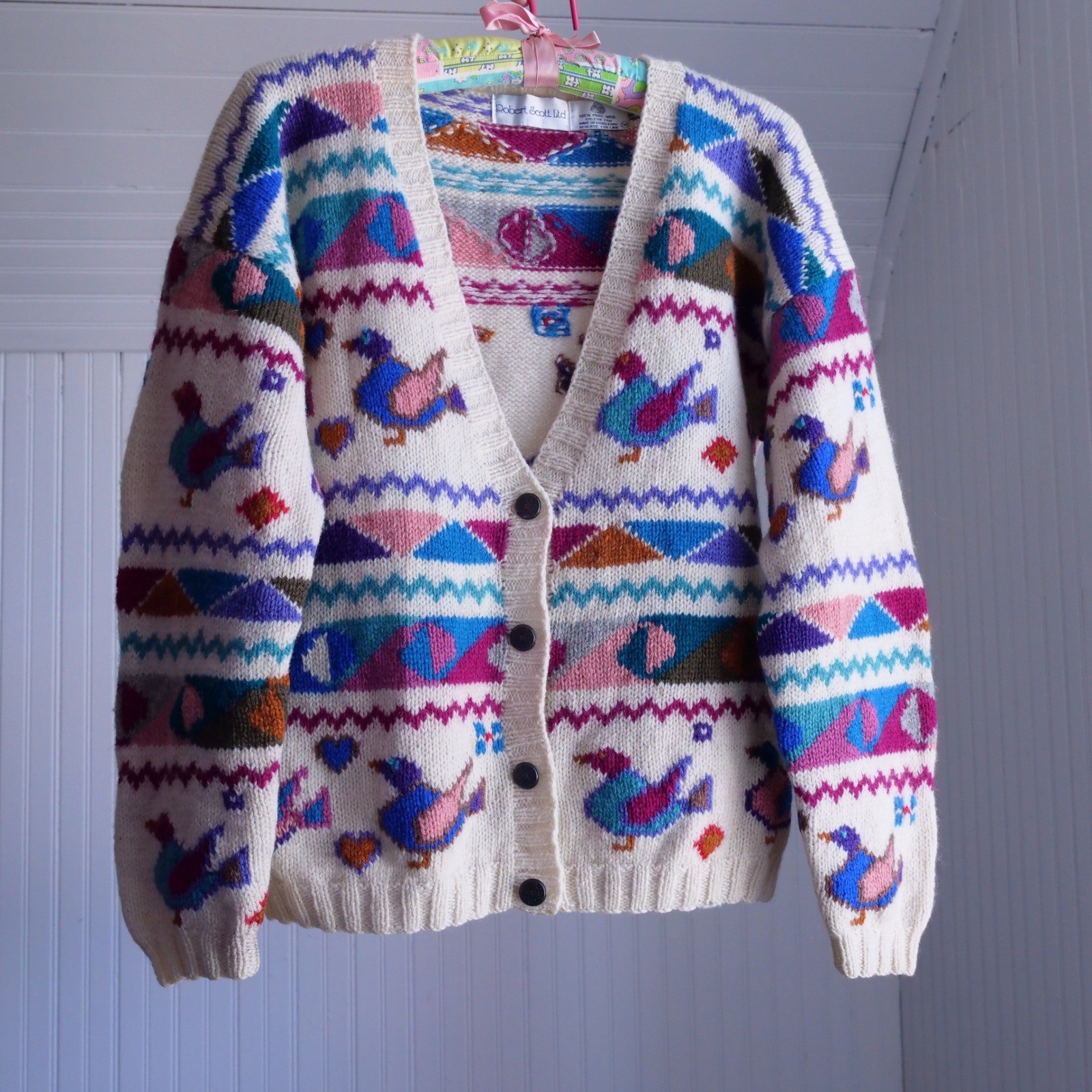 The sweetest vintage 90s Robert Scott Ltd. wool bird and heart cardigan