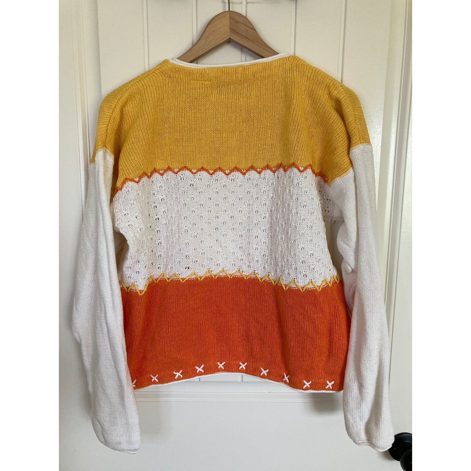Vintage BellePointe Sunburst Zip Cardigan Sweater XL Yellow Orange White Ramie