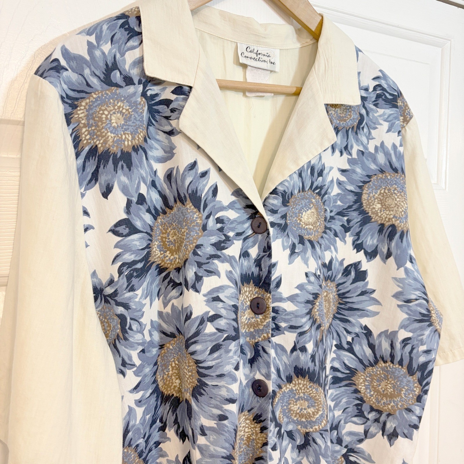 Vintage 90s Blue Sunflower Button Front Short Sleeve Top Cotton Blend L XL