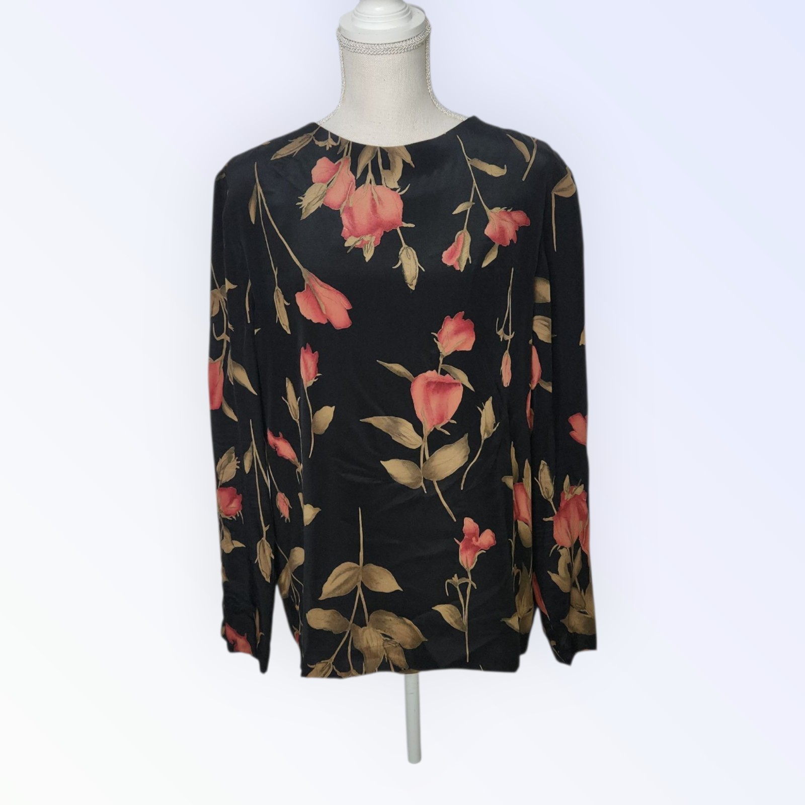 Vintage Leo Narducci 100% Silk Floral Long Sleeve Top Blouse Shirt Size 14