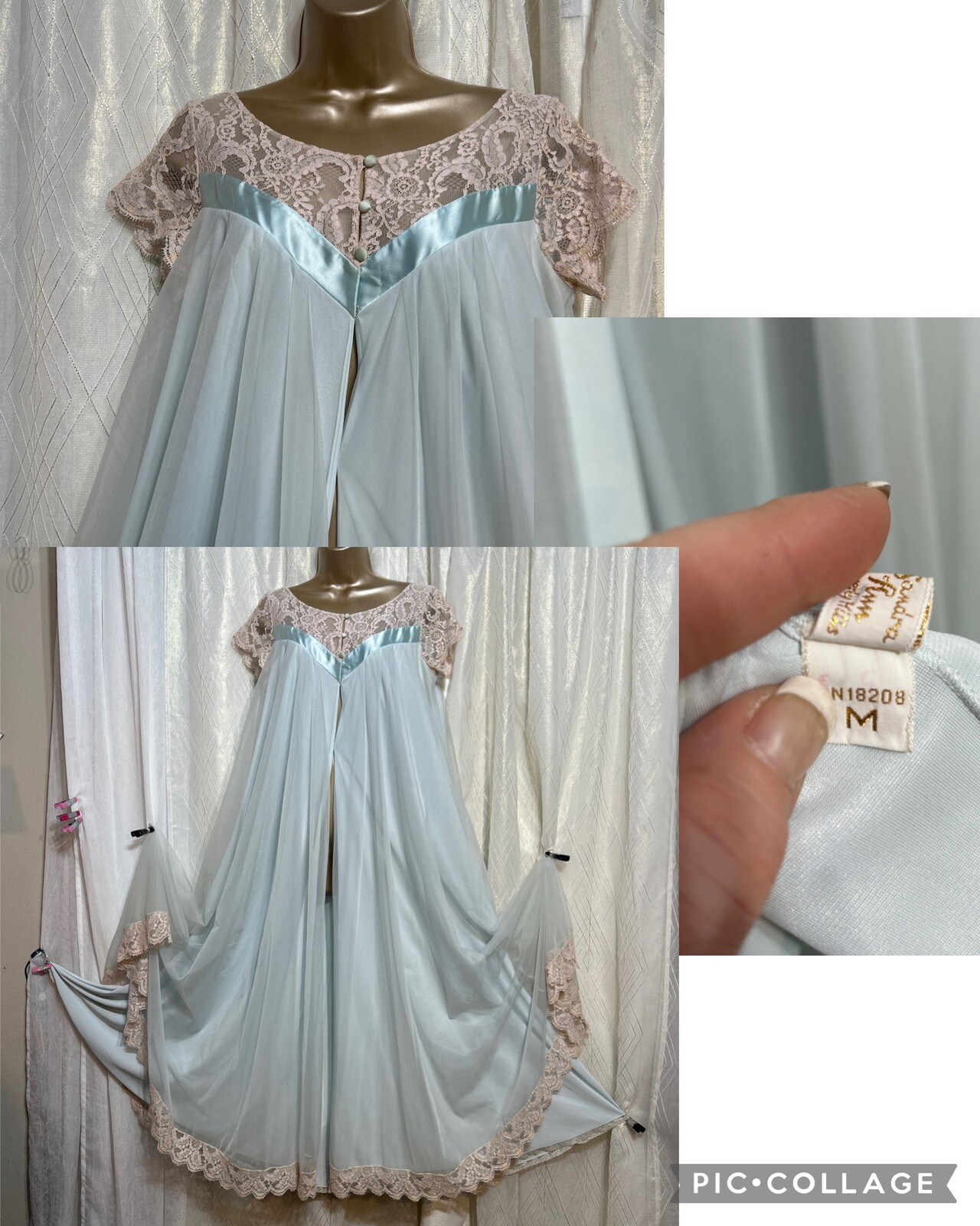 VTG M L TWIRLY LUCIE ANN Bridal Sweet Mint Chiffon Peignoir ROBE LACE FANCY Rare