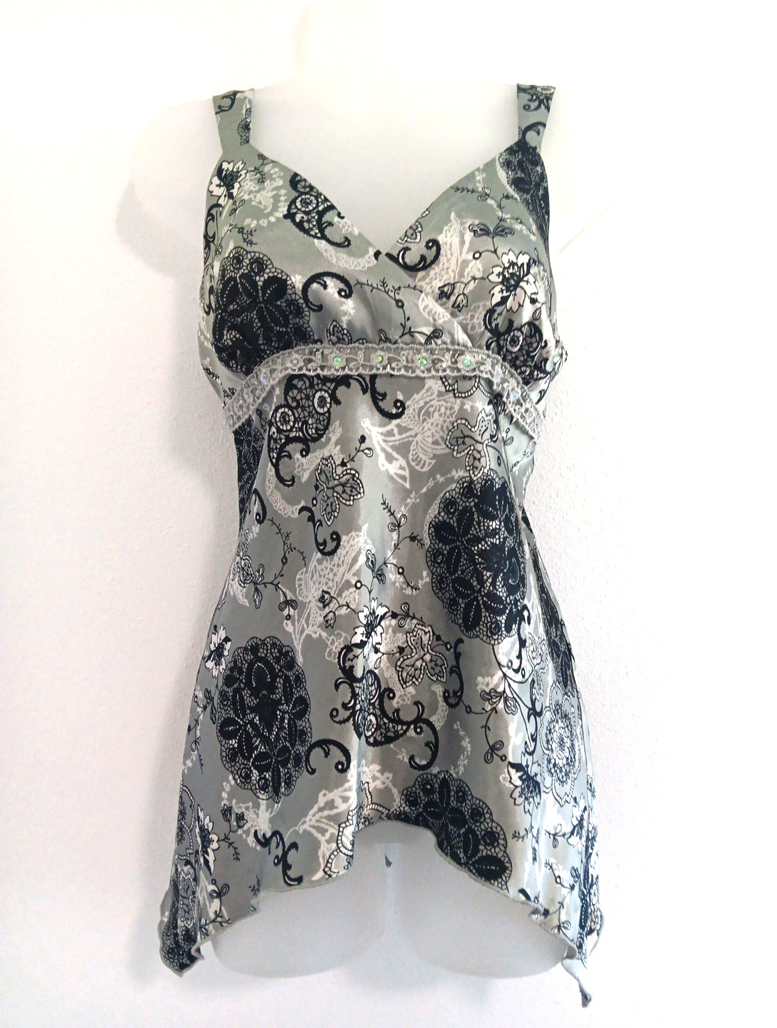 Y2K Babydoll Top Medium Gray Romantic Floral Satin Boho Fairy Grunge Whimsigoth