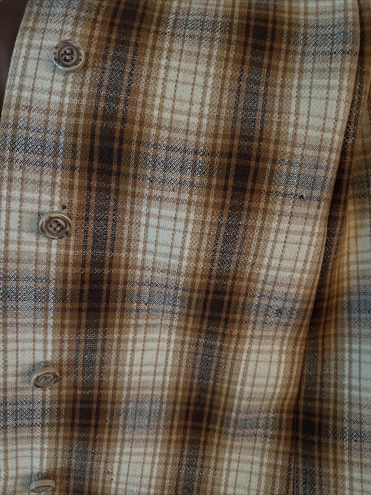 Jacques Tiffeau 60s Brown Tones Wool Blanket Plaid Coat & Pleated Skirt Set S