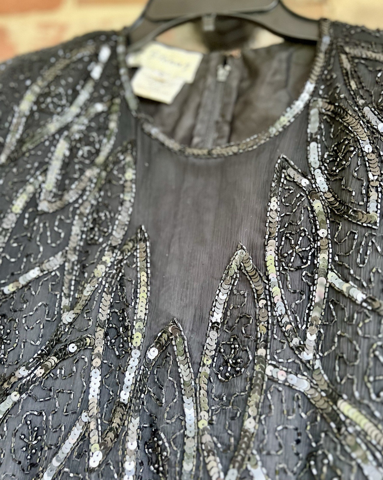 VTG Stenay Silk Beaded Cocktail Dress Size 14 Black Sequin Short Sleeve Retro