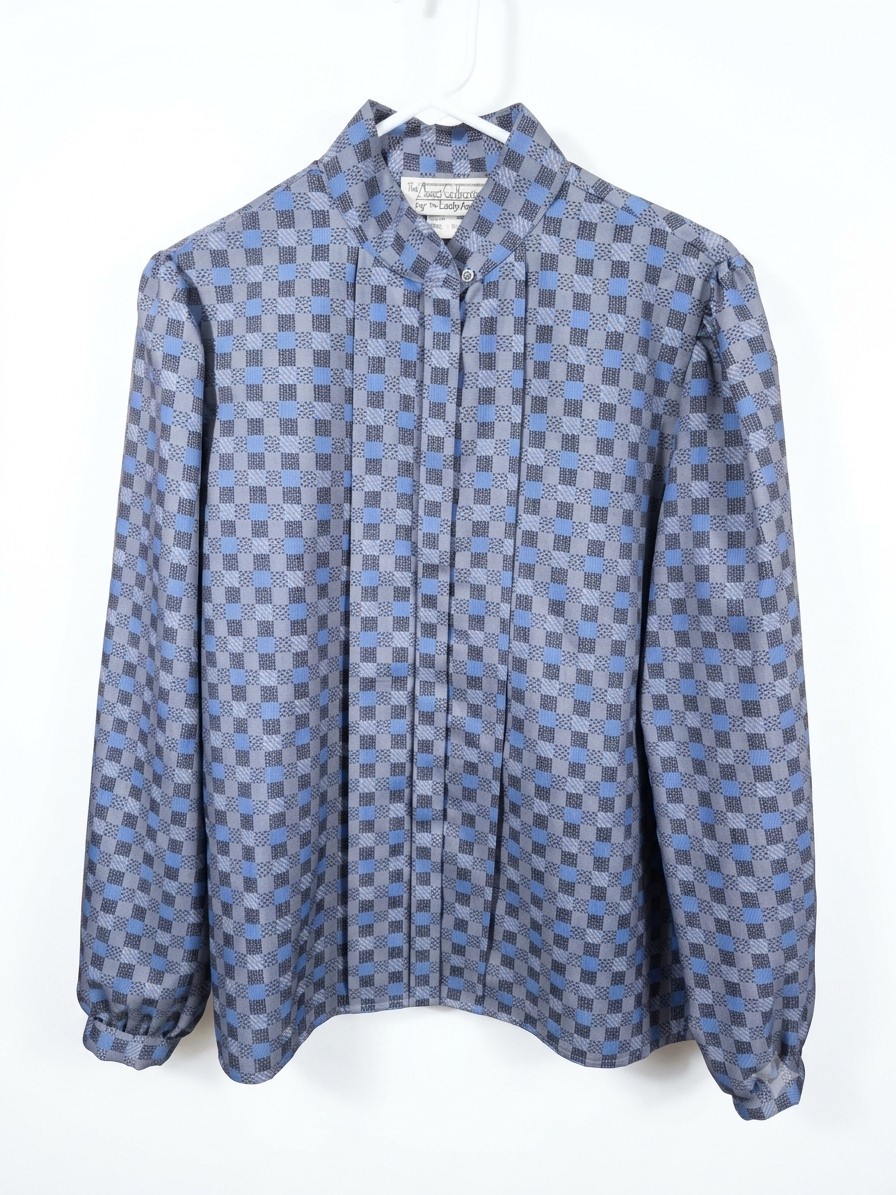 VTG 70s/80s Blouse Lady Arrow Ascot Collection Checkered High Neck Grey Sz 16