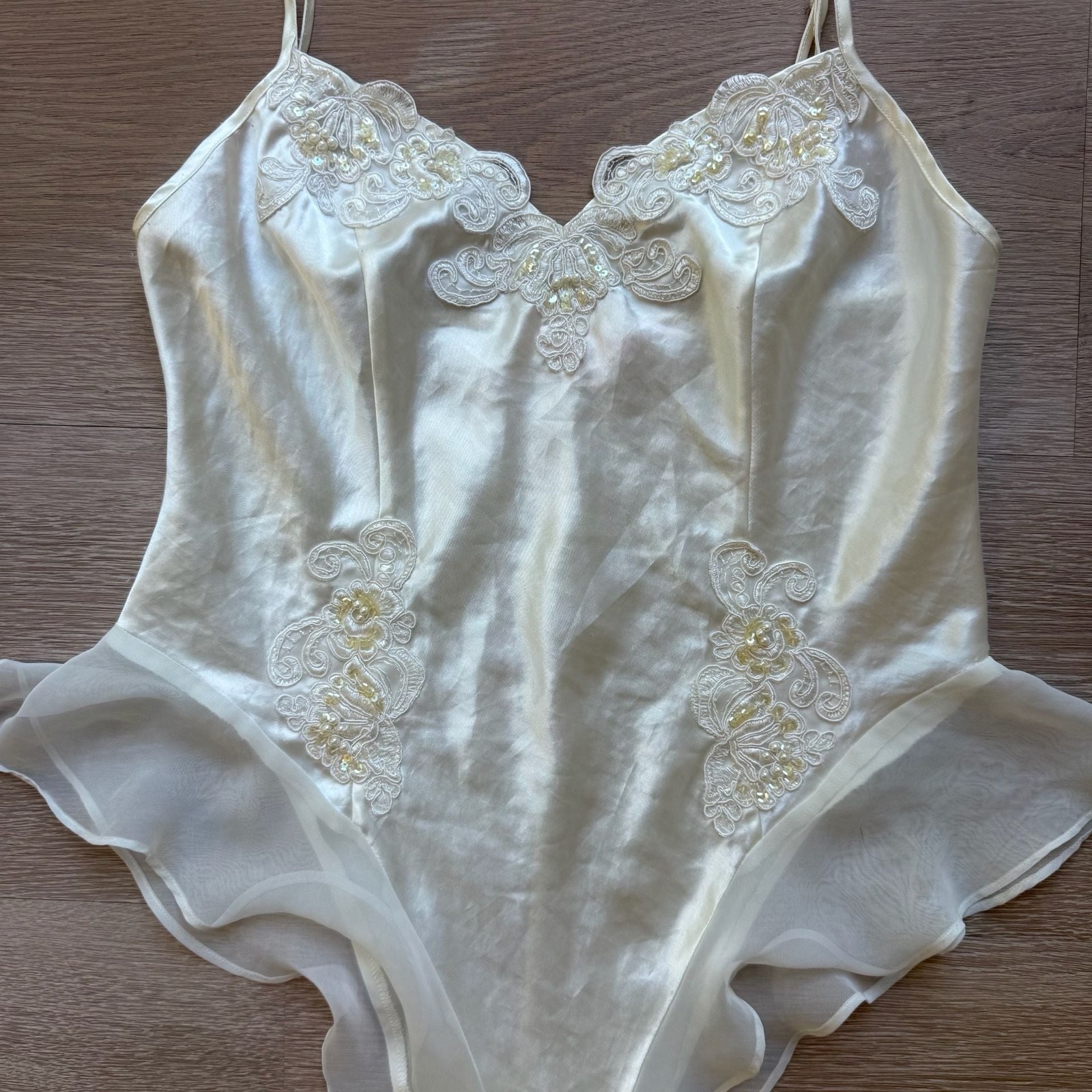 Vintage Victoria’s Secret Ivory Satin Beaded Lace Teddy Bodysuit