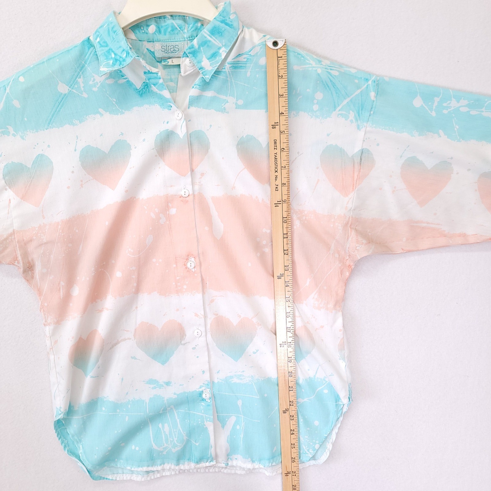 Vintage Stras California Heart Paint Splatter Shirt Pastel Turquoise Peach L