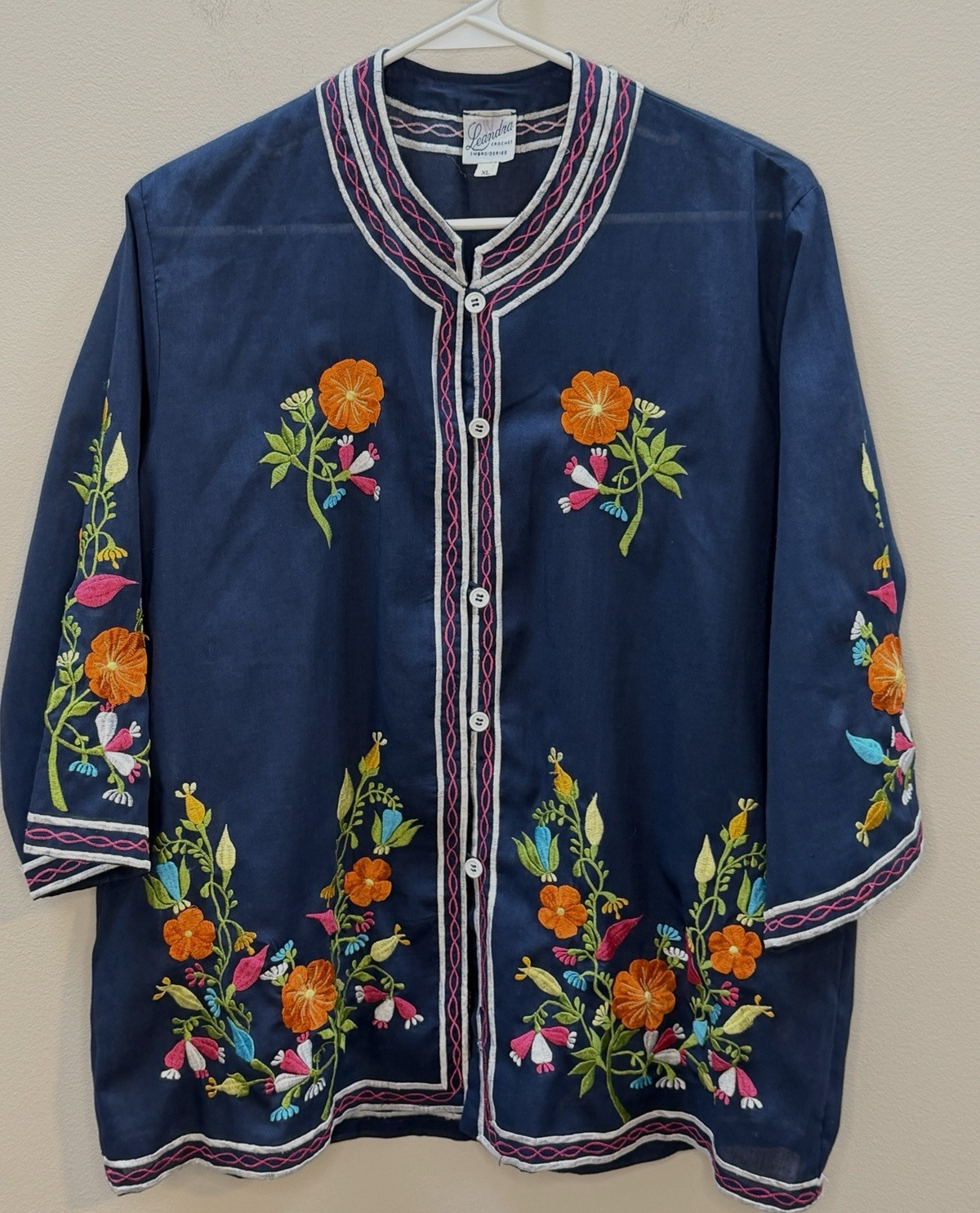 Vintage Leandra Crochet Tunic Women XL Embroidered Blue 70’s Boho Art Semi Sheer