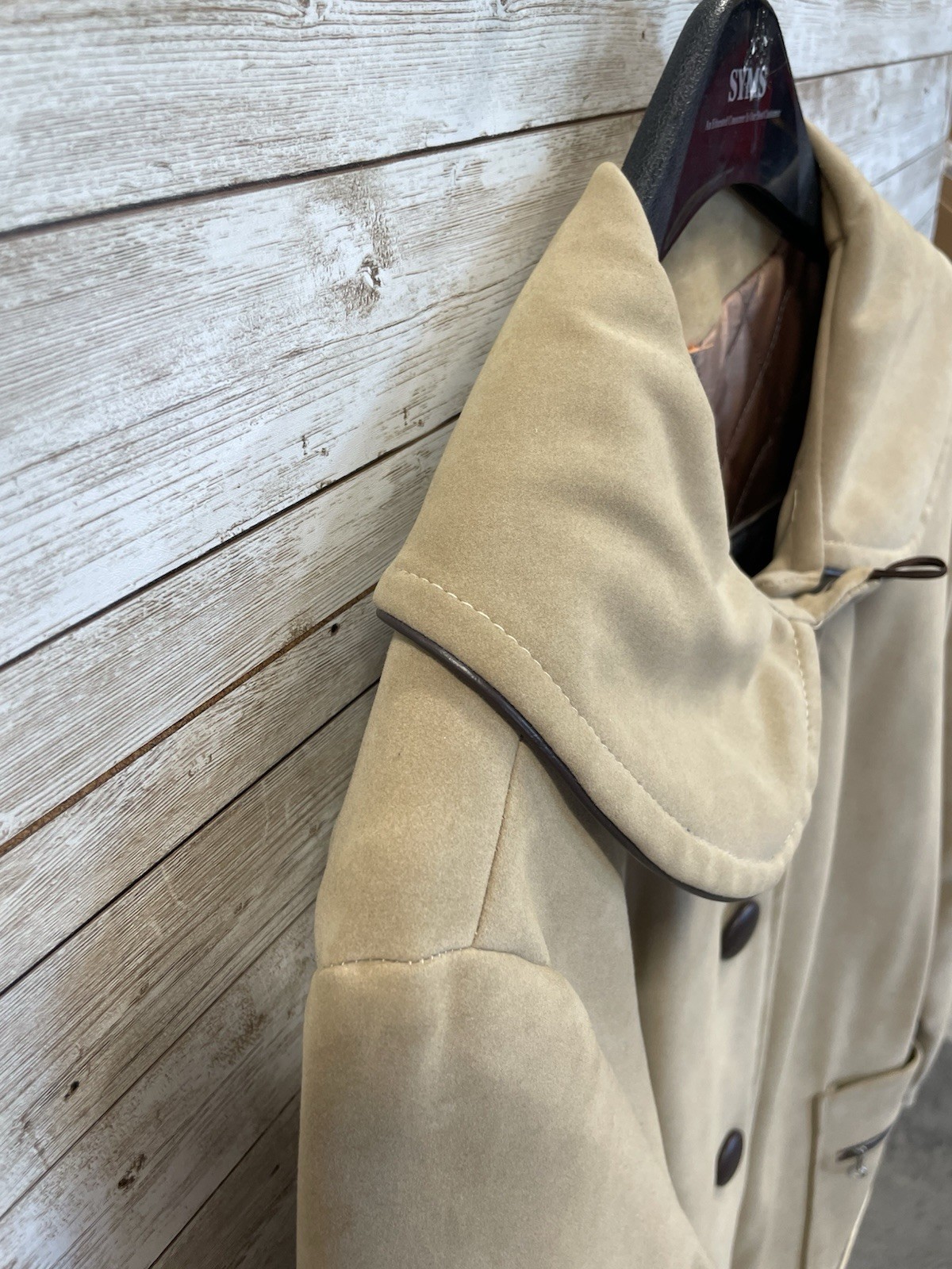 Vintage 60s-70s Womens 18 Coat Mod Tan Faux Suede Peter Pan Collar A-Line USA