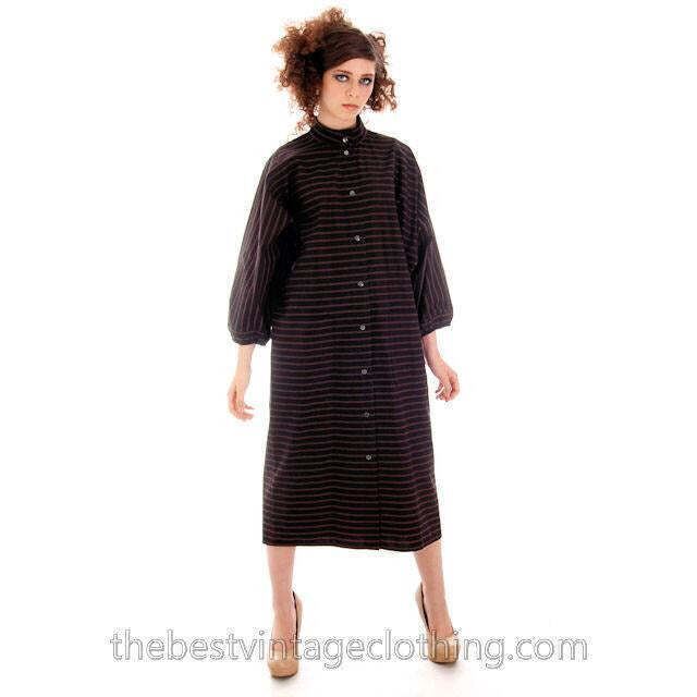 VTG Vuokko Finland Minimalist Mod Black Cotton Stripe Dress S SIlver Popper Snap