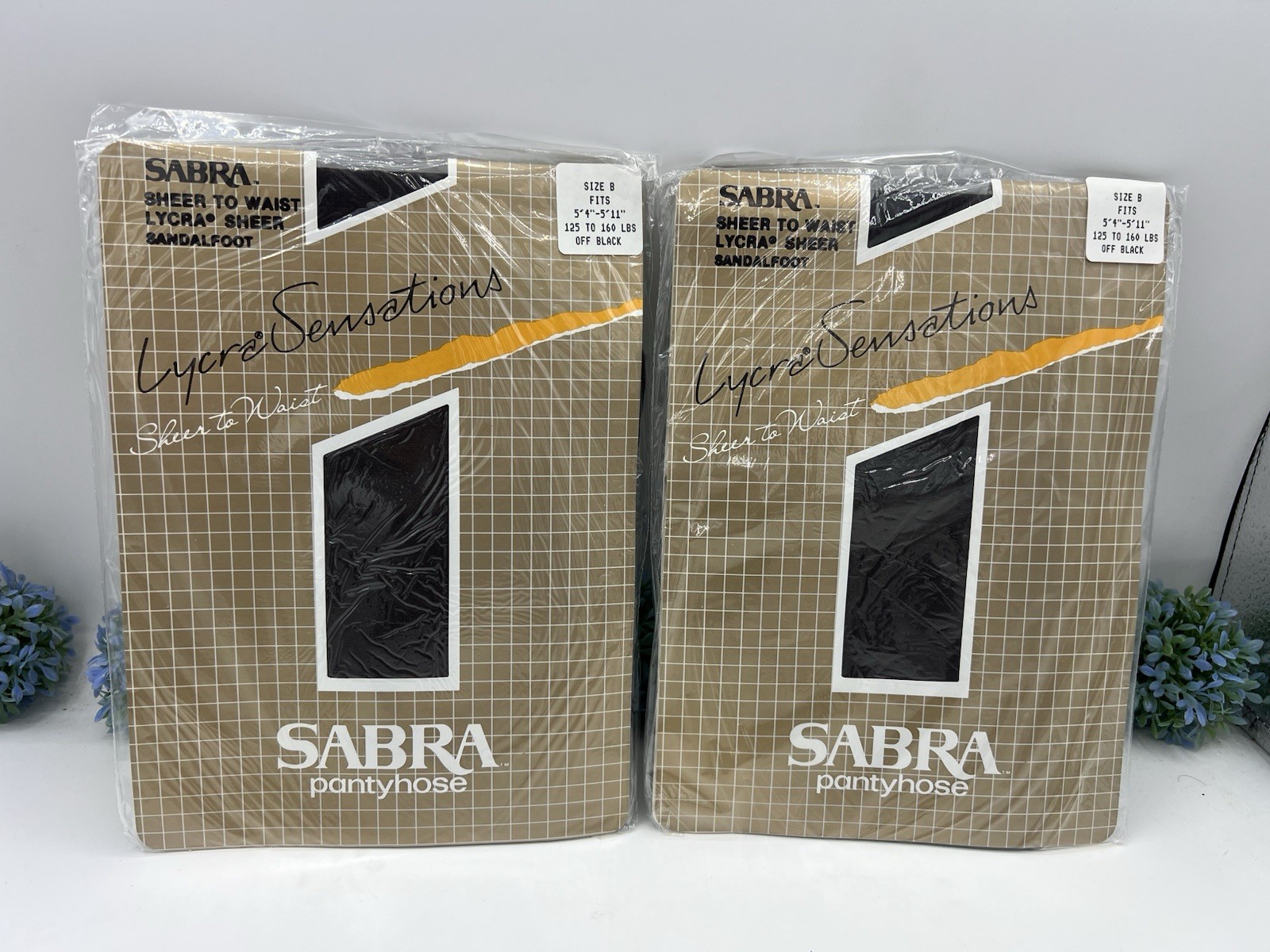 2Vtg Sabra Lycra Sensation Sheer To Waist Pantyhose Off Black Size B 125-160 Lbs