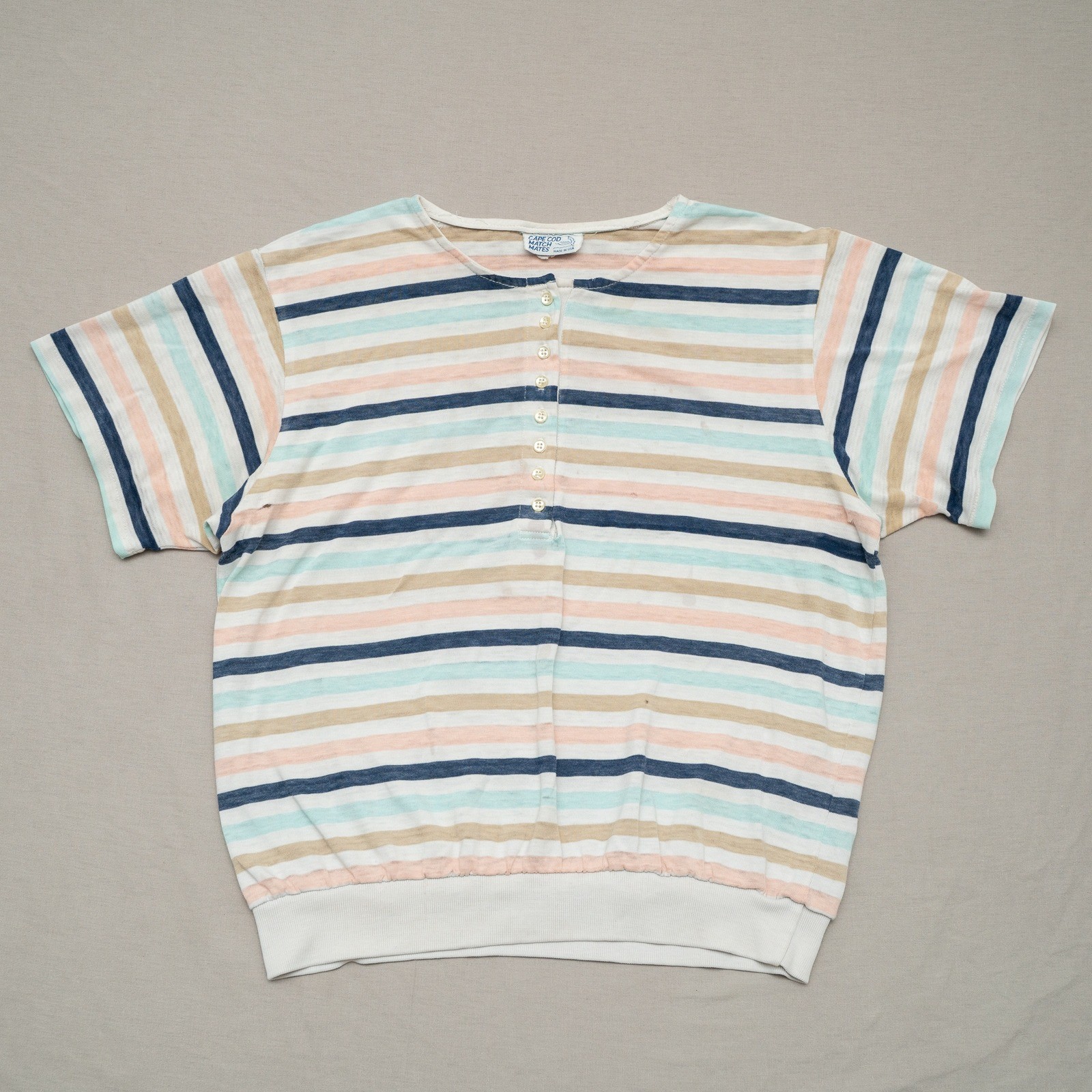 Vintage Cape Cod Match Mates Striped Short Sleeve Henley Paper Thin