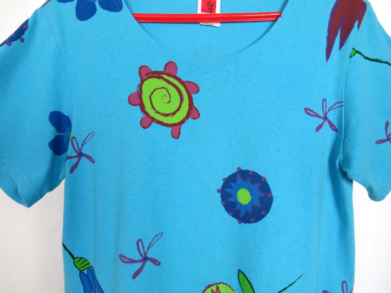 VTG 1980s 90s RED GINGER MEDIUM COTTON DRESS MOD FLOWERS ROPE BELT AQUA BLUE