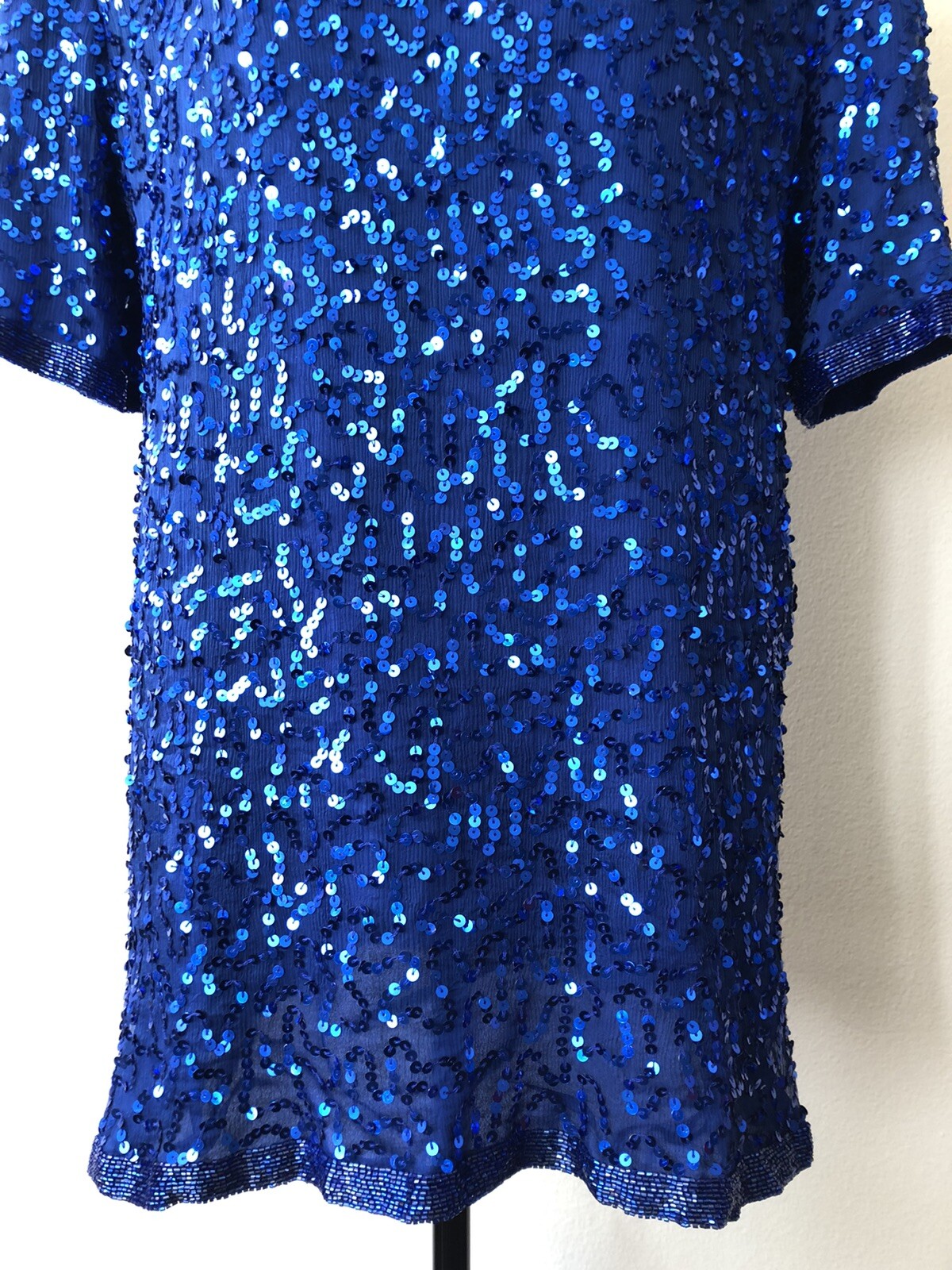 Vintage ’80s Joseph Le Bon Royal Blue Sequined & Beaded Tunic Top Cutout L/XL