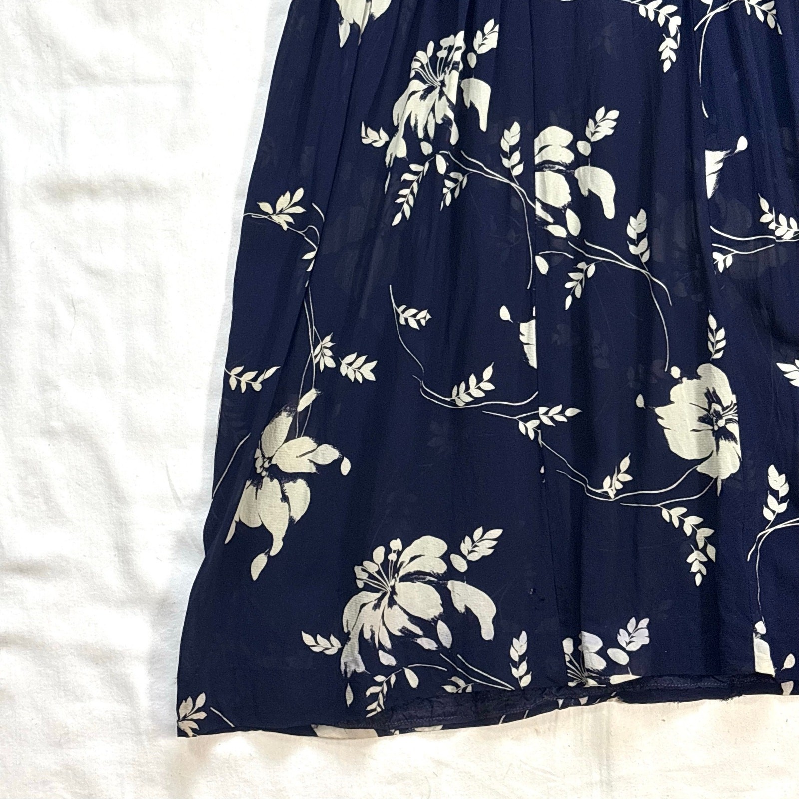 Vintage 1940s Silk Chiffon Shirtwaist Dress Navy Blue Tropical Floral Print