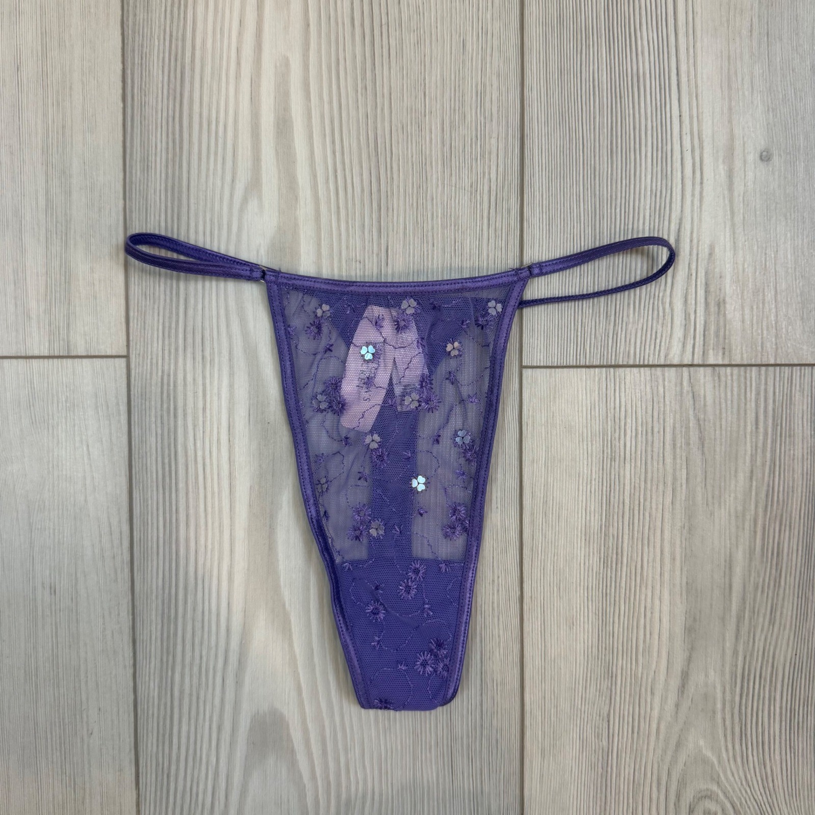 Vintage 2001 Victoria’s Secret Purple Floral Mesh Sequin Thong V-String NWT S