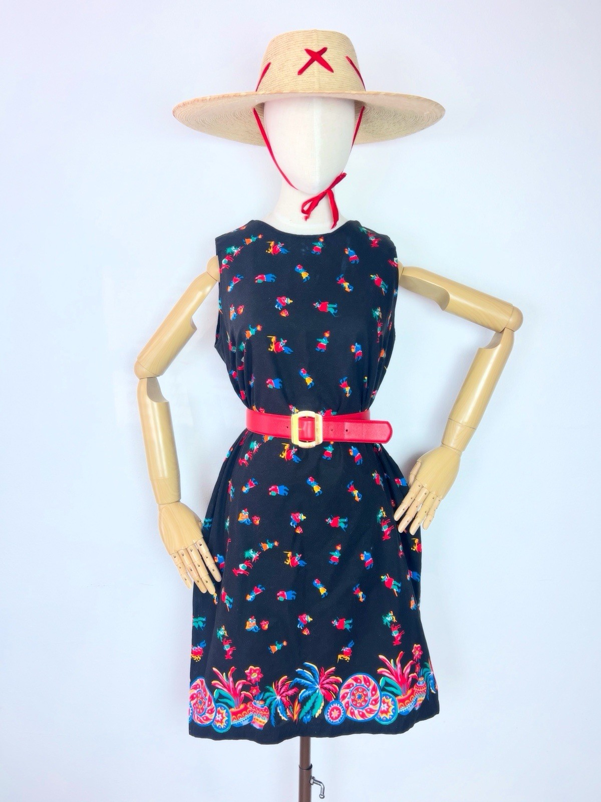 MEXICAN NOVELTY Print 60s 1960’s Vintage Black Cotton Shift Sundress Dress M 36b