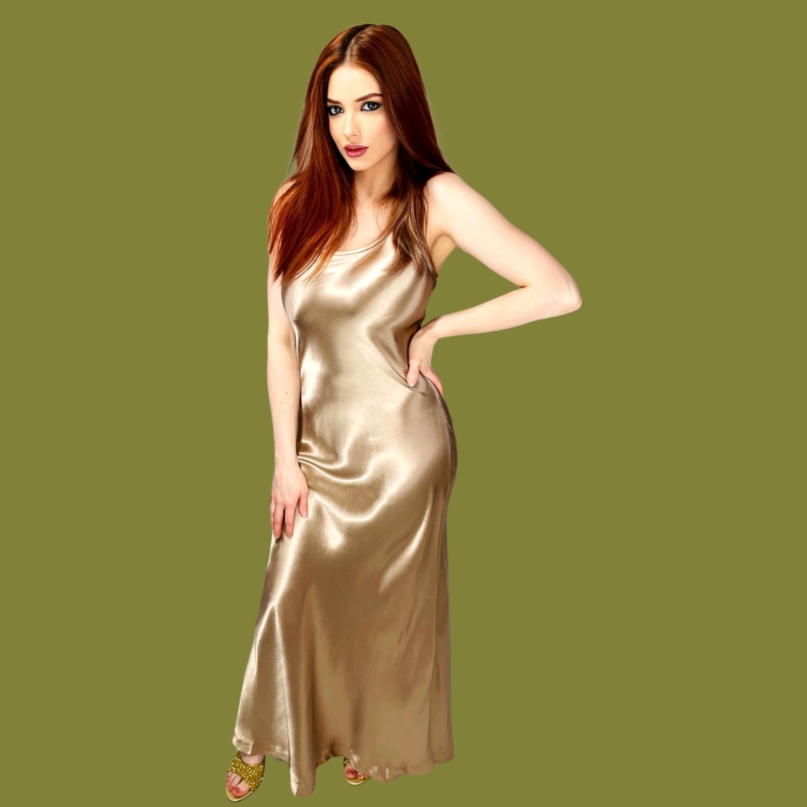 Vintage 90s Alyn Paige USA Made Gold Silky Gown Tagged Vintage Womens Size Small