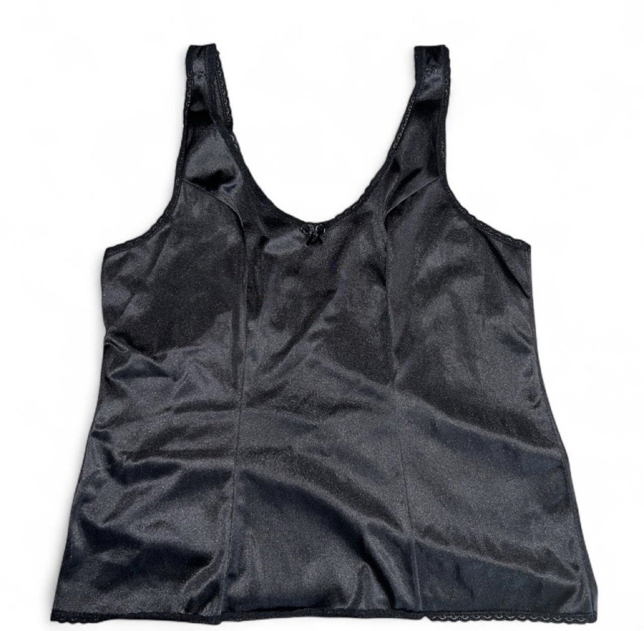 Vintage 90s Vassarette Black Satin Camisole Top Lace Trim Style 17-109 USA Made