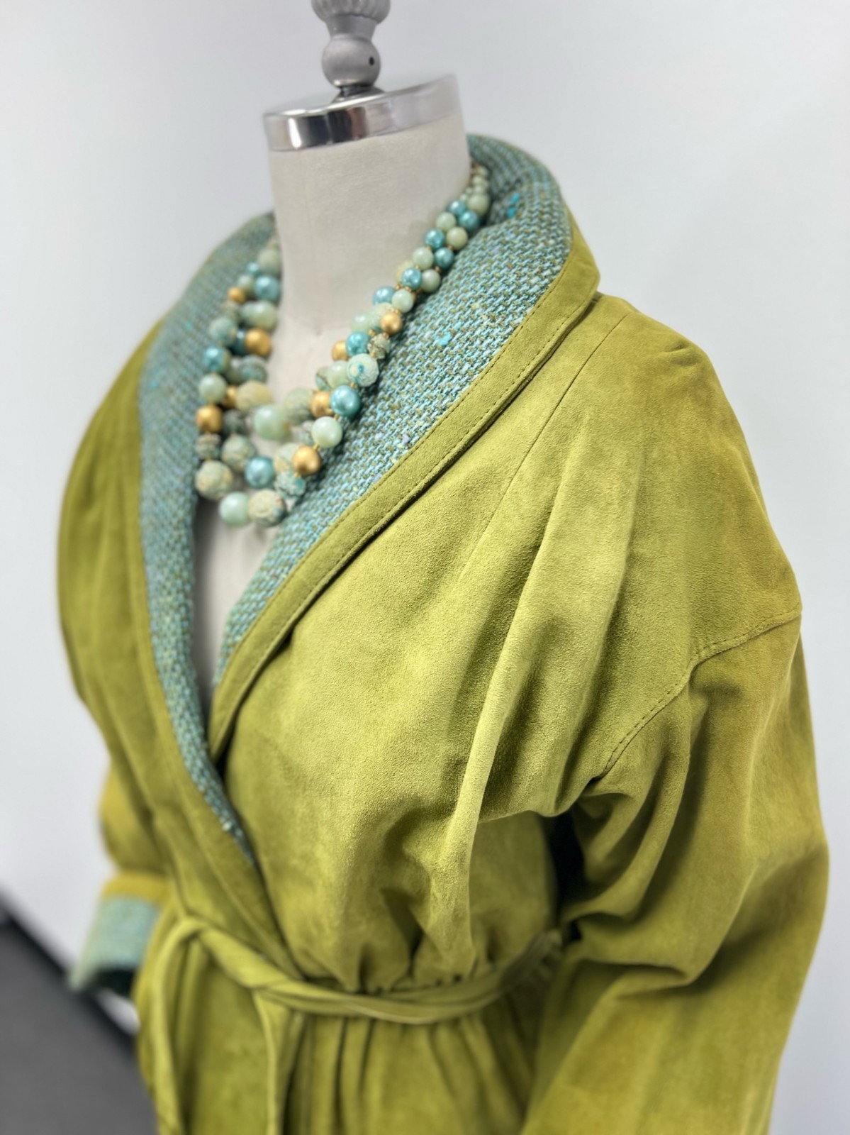 1960s VTG Leathervane Bonnie Cashin Designs 2pc Suit Pea Green Suede & Turq Wool