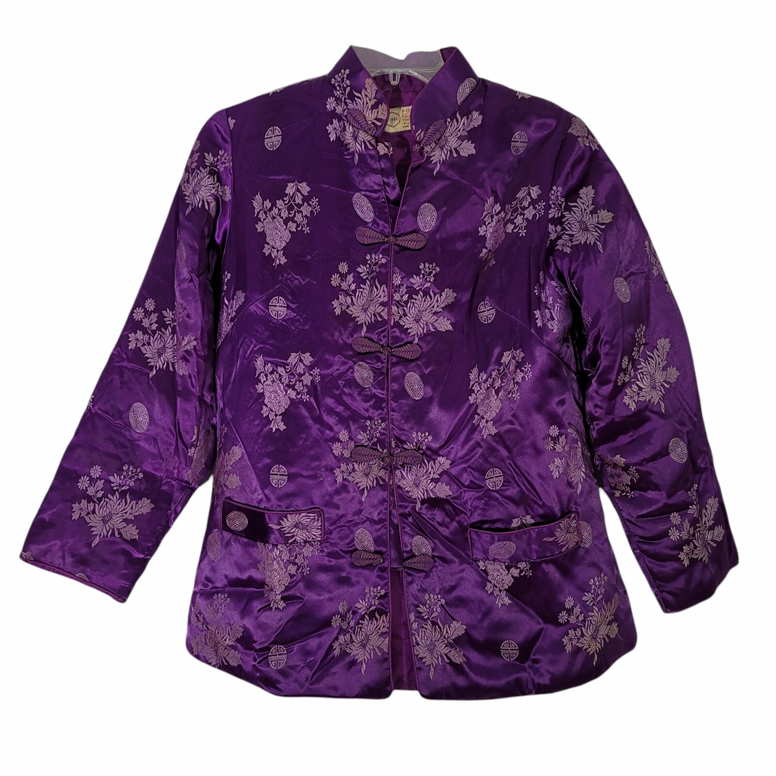 Fortune Purple 100% Nylon Asian Oriental Theme Jacket Coat Size Small Vintage