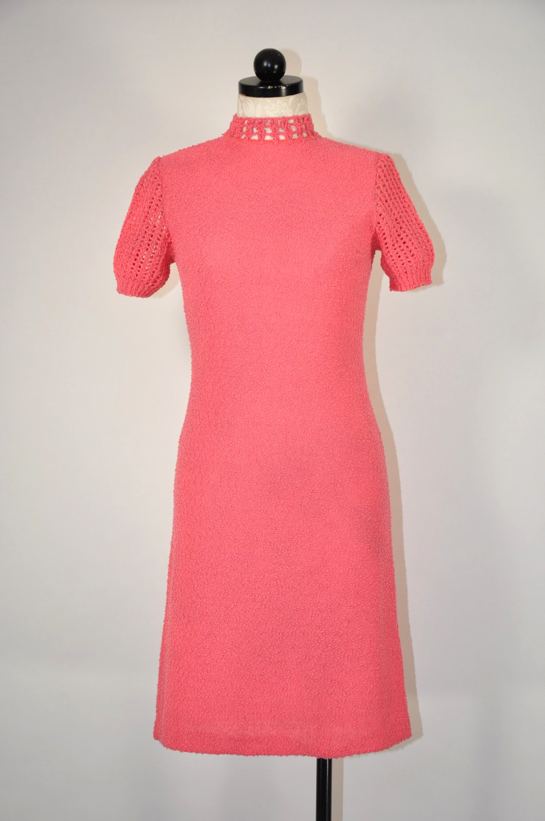60s Vintage Salmon Pink Cotton Boucle Knit Short Sleeve Sweater Dress Women XS S