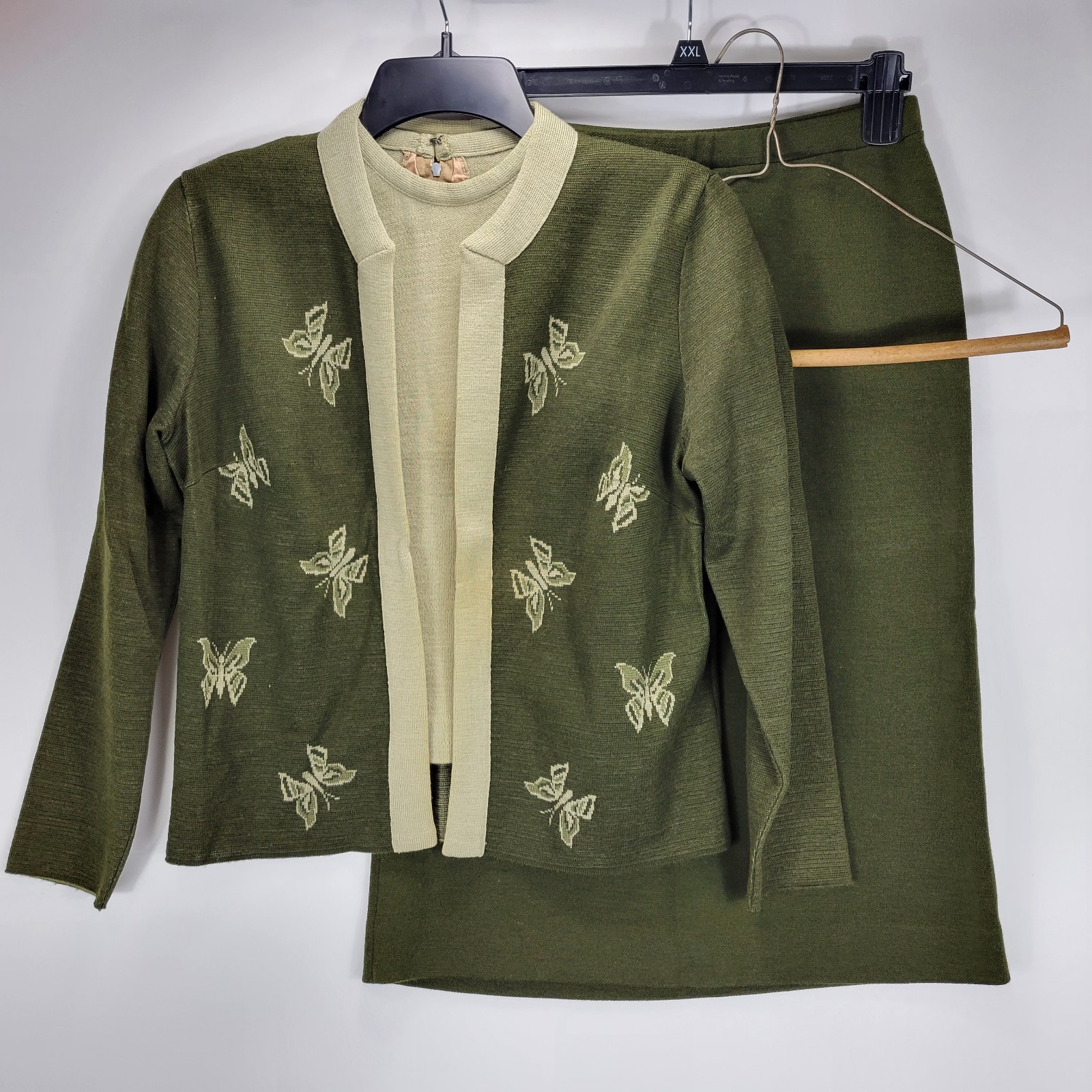 Moderno Knits Vintage 60s 70s Wool Butterfly Cardigan Shirt Skirt Set Womens 13