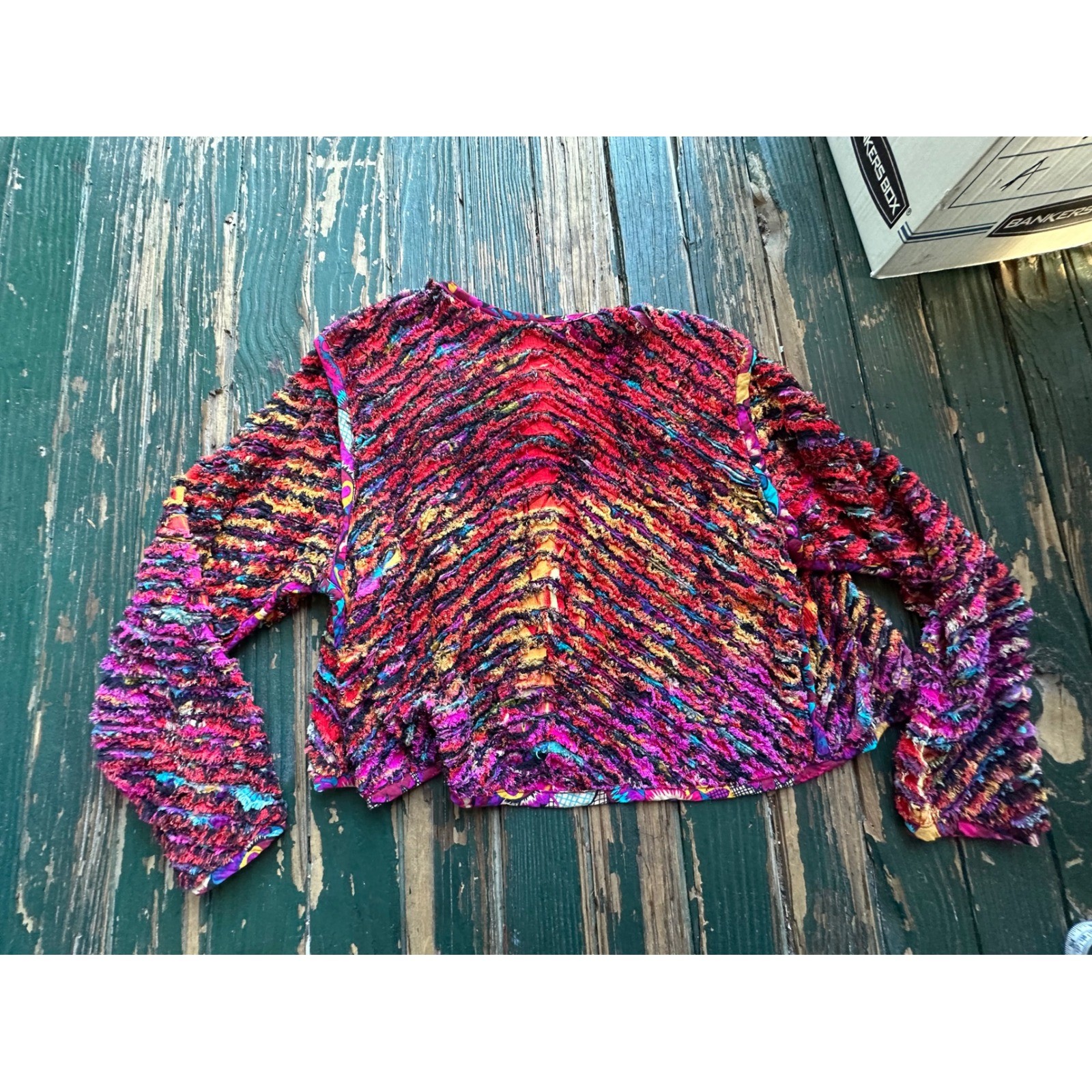 Boho Multi-Color Textured Ribbon Shaggy Cropped Open Jacket One Size Rayon